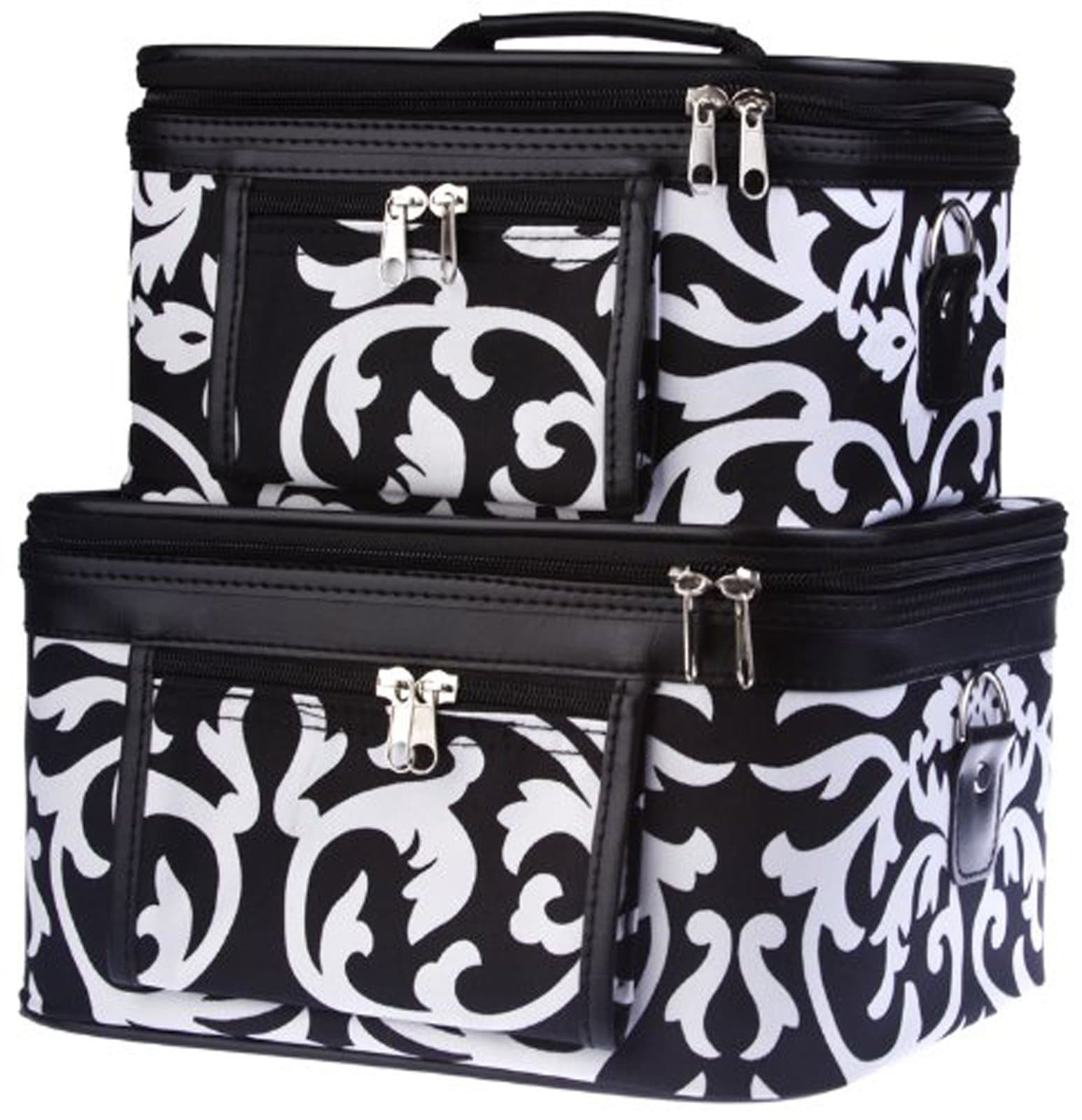 2-Piece Set - Damask Print Cosmetic Train Cases w/ Black Trim