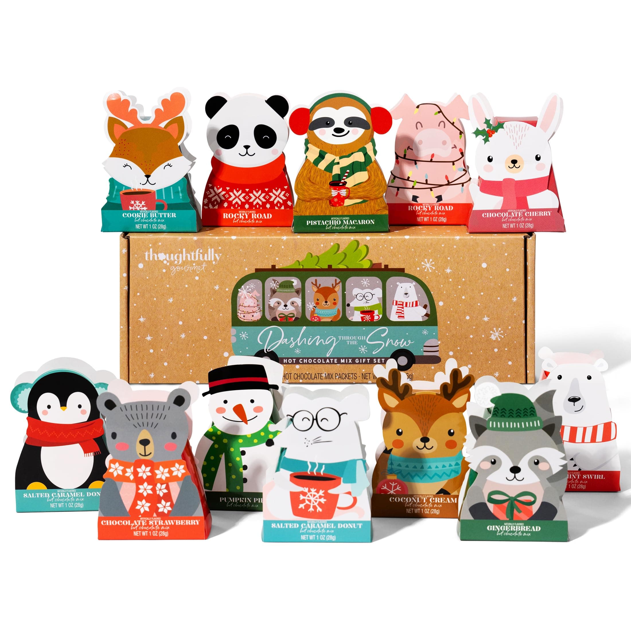 Gourmet, Hot Chocolate Gift Set, 12 Hot Cocoas in Festive Holiday Character Packaging, Flavors Include Peppermint, French Vanilla, Pumpkin Pie, Toasted Marshmallow and More, Set of 12