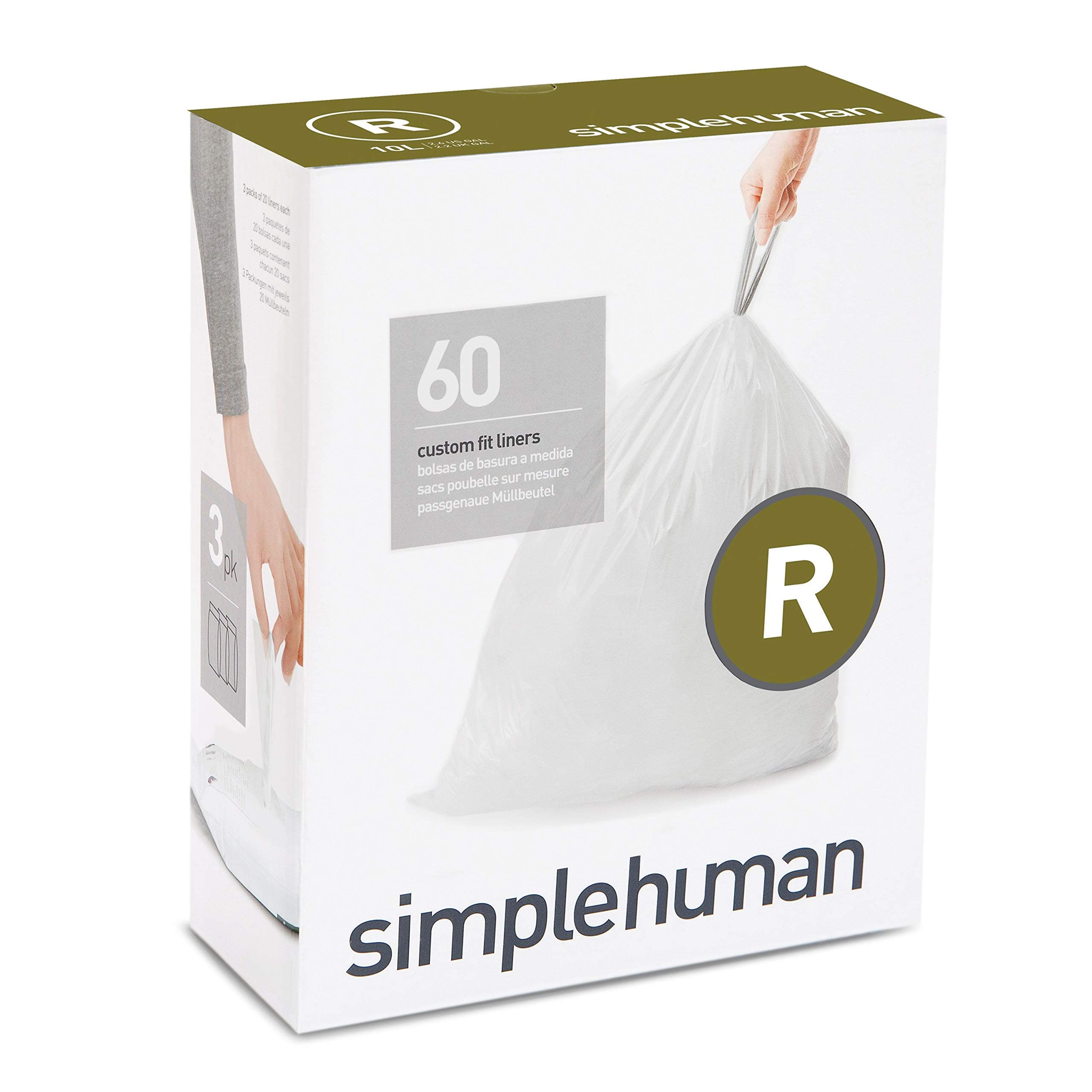 simplehumanCW0253 Code R, Custom Made Bin Liners, 3 x Pack of 20 (60 Bags), White Plastic