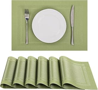 SHACOS Woven Vinyl Placemats Set of 6 Wipe Clean Place Mats for Dining Table Heat Resistant PVC Weave Table Mats Indoor Outdoor (6, Frame Olive Green)