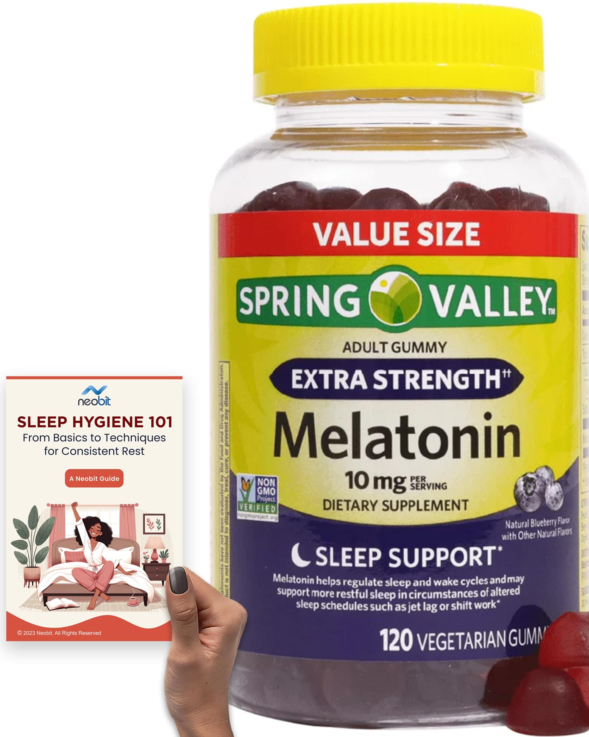Spring Valley Melatonin Vegetarian Gummies, Blueberry Flavored, Non-GMO, 10 mg, 120 Count Value Size - Bundle with 'Sleep Hygiene 101' Guide (2 Items)