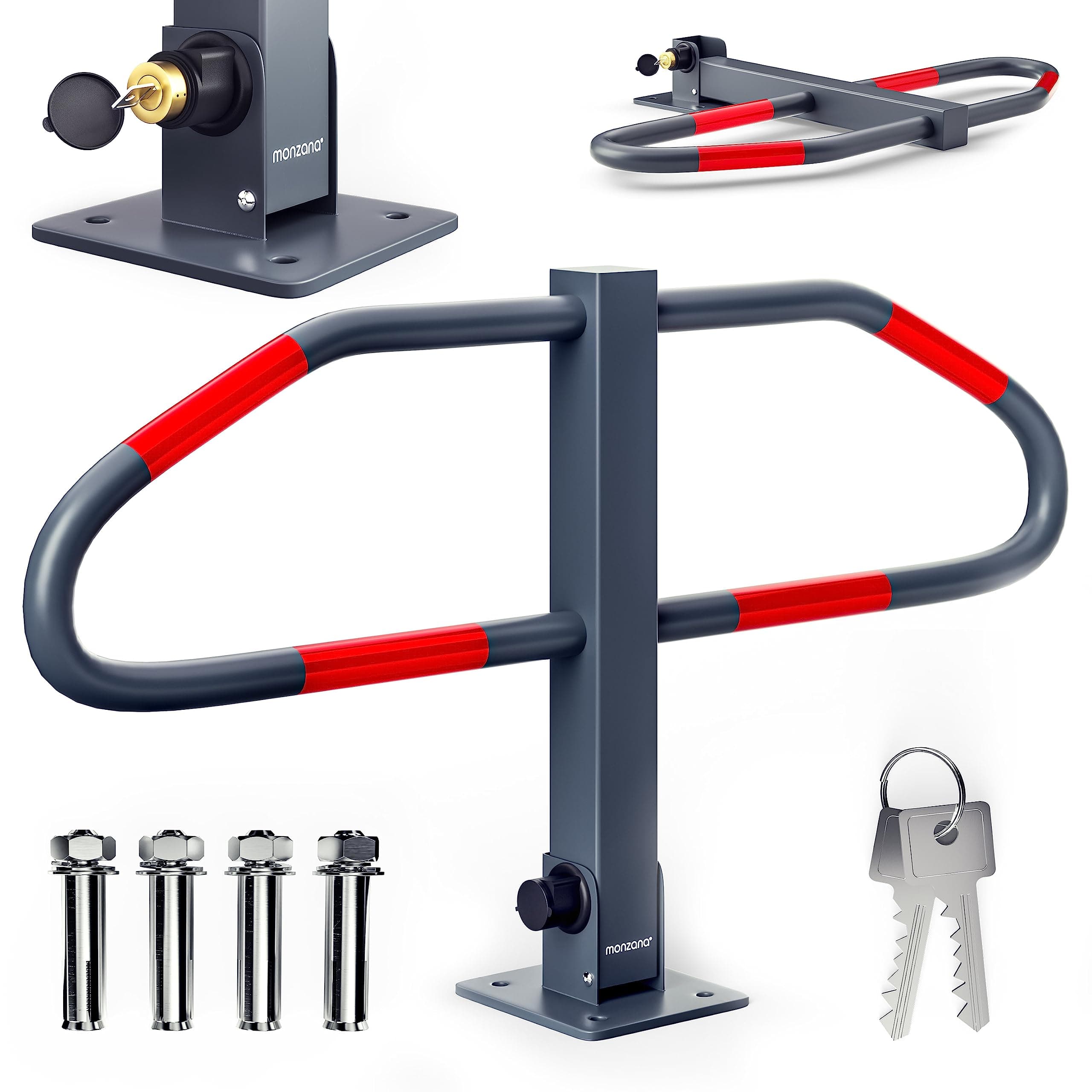MONZANA® Parking Barrier | Foldable Robust Steel Post with Integrated Lock | 2 Keys | Security Bollard for Car Parks, Driveways and Garages | 47 x 18 x 70cm