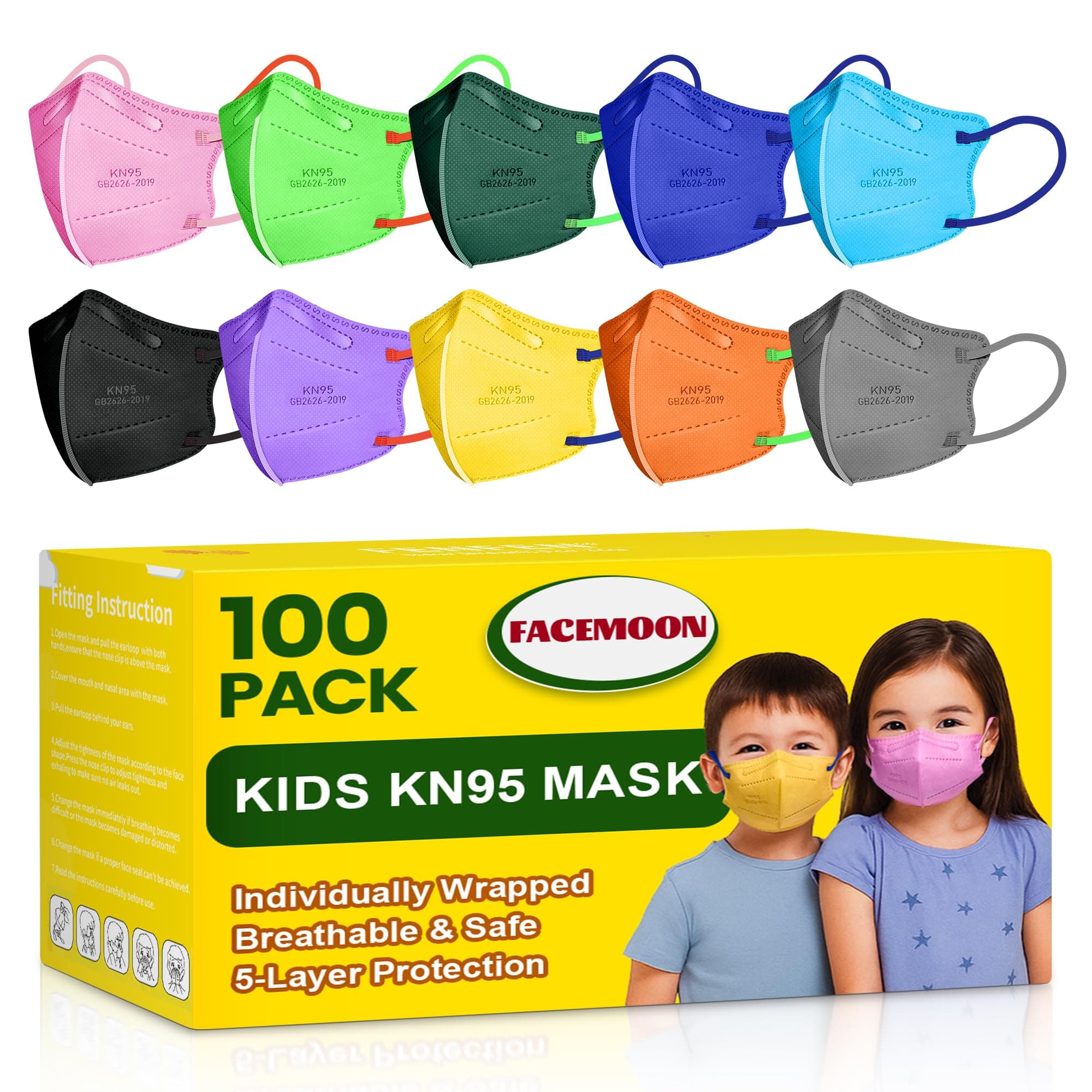 KN95 Masks Disposable for Kids, 5 Layer Protection 100 Pack Individually Wrapped KN95 Masks Children Size Breathable Adjustable Face Mask for Girl and Boy, Mascarillas para Niños Aged 4-12