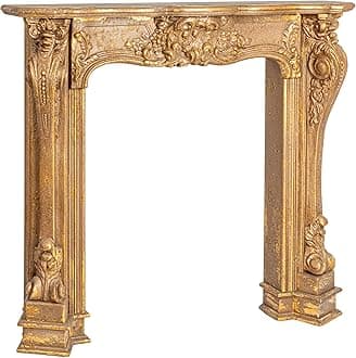 Decorative Wood Ornate Fireplace Mantel, Distressed Gold