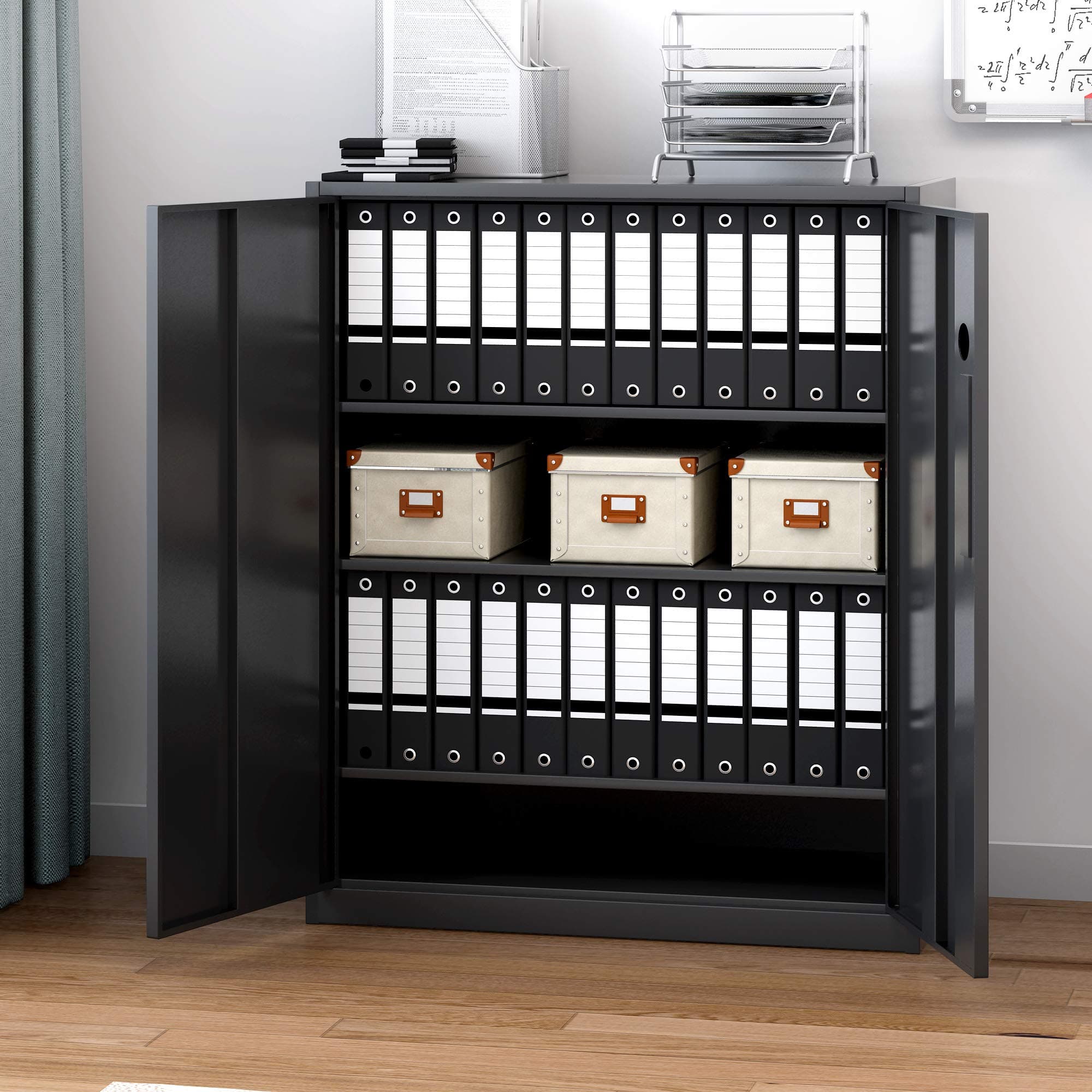 Panana Metal Office Filing Cabinet Tall Storage Cupboard Document Compartments Lockable Double Doors Adjustable Shelves (Black, 4 Tier)