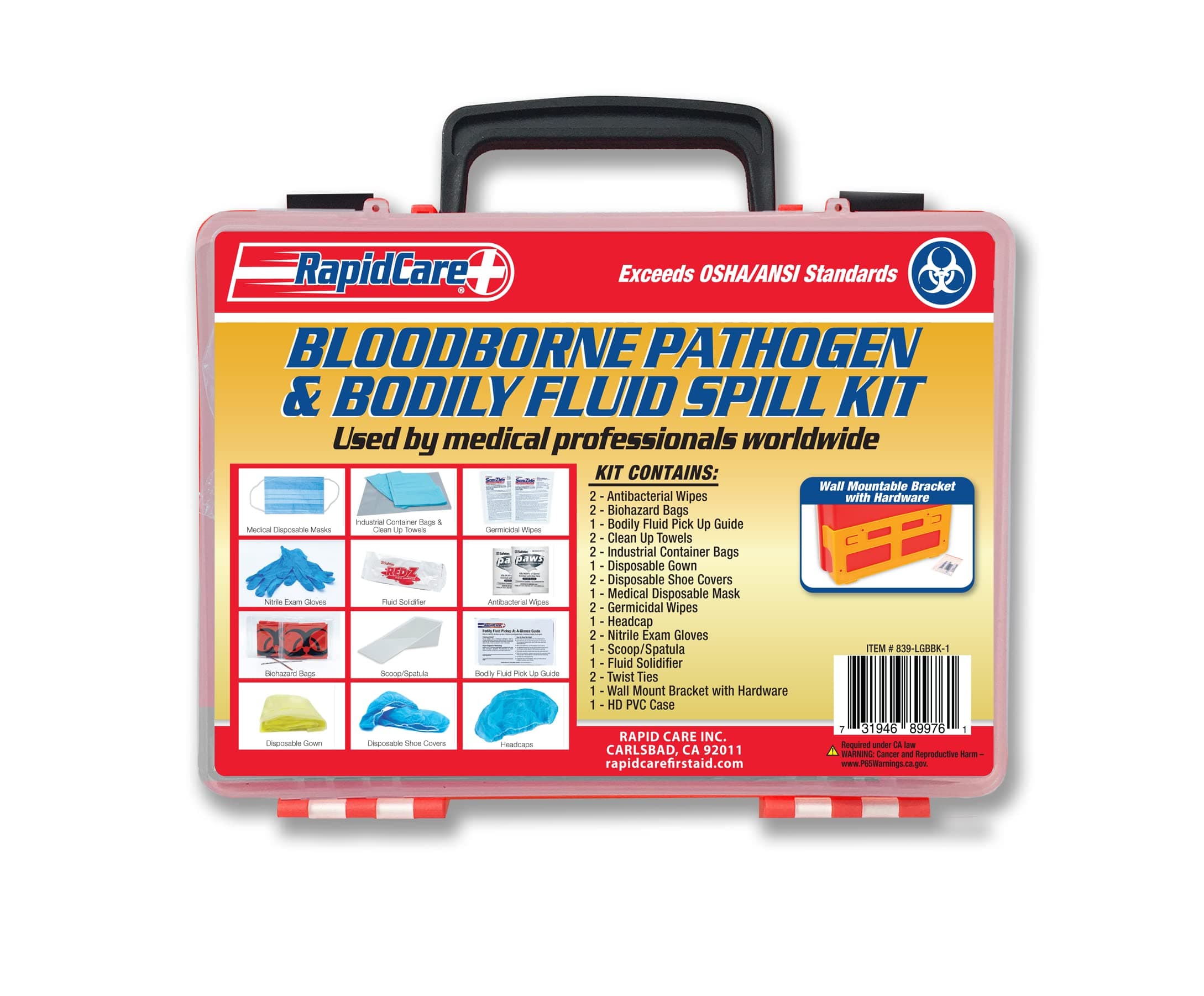 First Aid 839-LGBBK-1 Premium Bloodborne Pathogen & Bodily Fluid Spill Clean Up Kit, OSHA Compliant, Wall Mountable, 10" x 8" x 3.5",Red/Clear