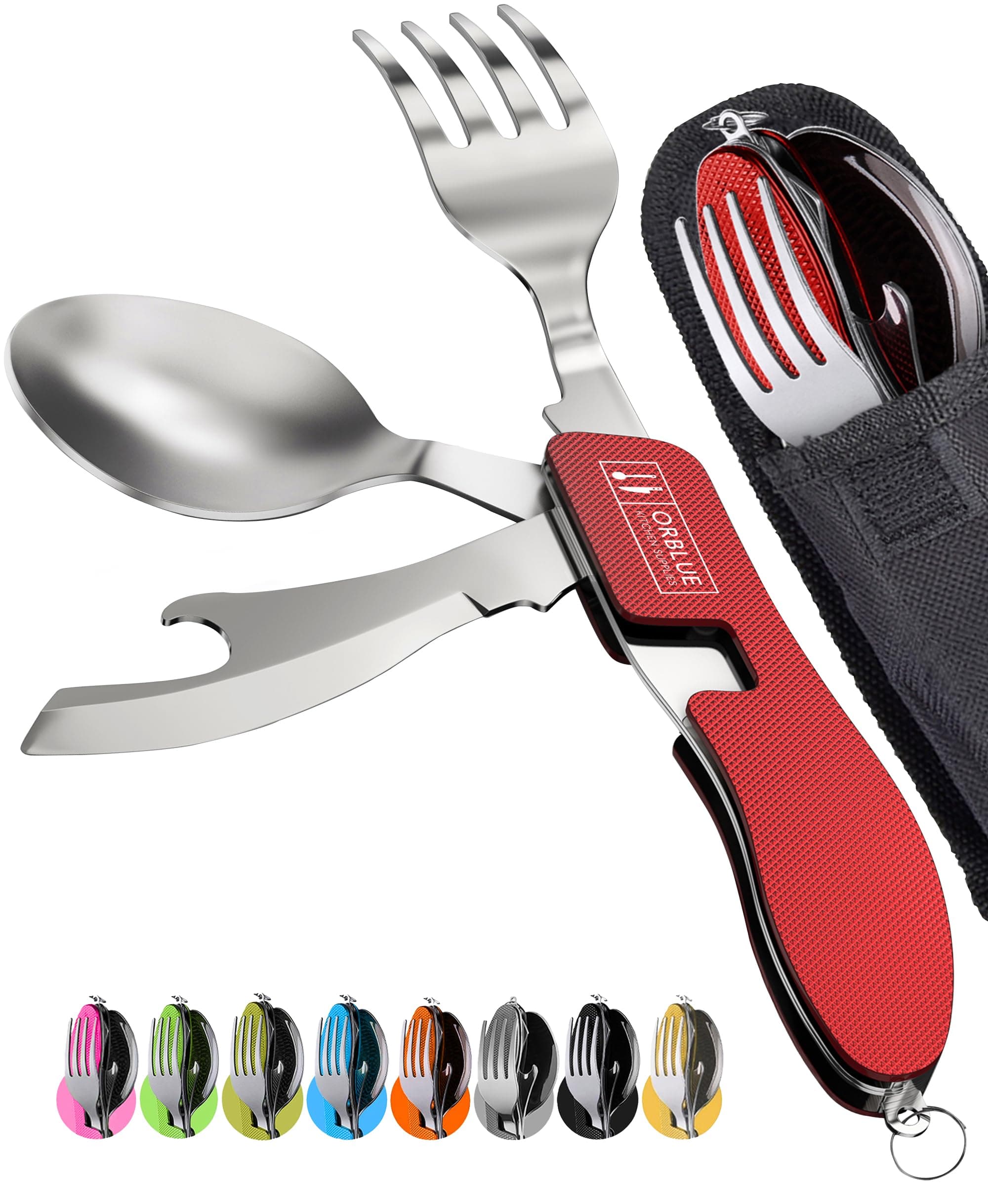 Orblue 4-in-1 Camping Eating Utensils, 2-Pack - Portable Spoon, Fork, Knife & Bottle Opener Combo Set - Stainless Steel Flatware with Detachable Fork - Travel, Backpacking Cutlery Multitool, Red