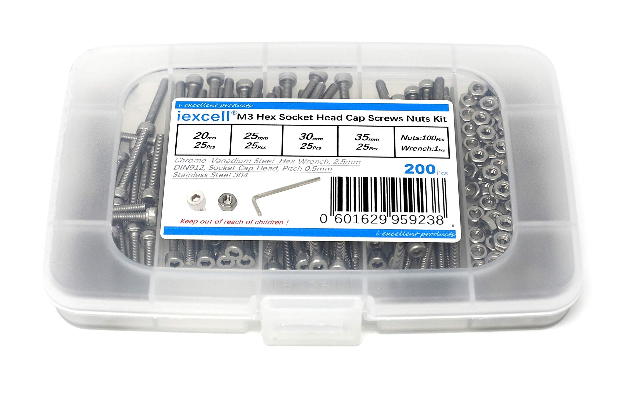 iExcell 200 Pcs M3 x 20/25/30/35 mm Stainless Steel 304 Hex Socket Head Cap Screws Bolts Nuts Assortment Kit