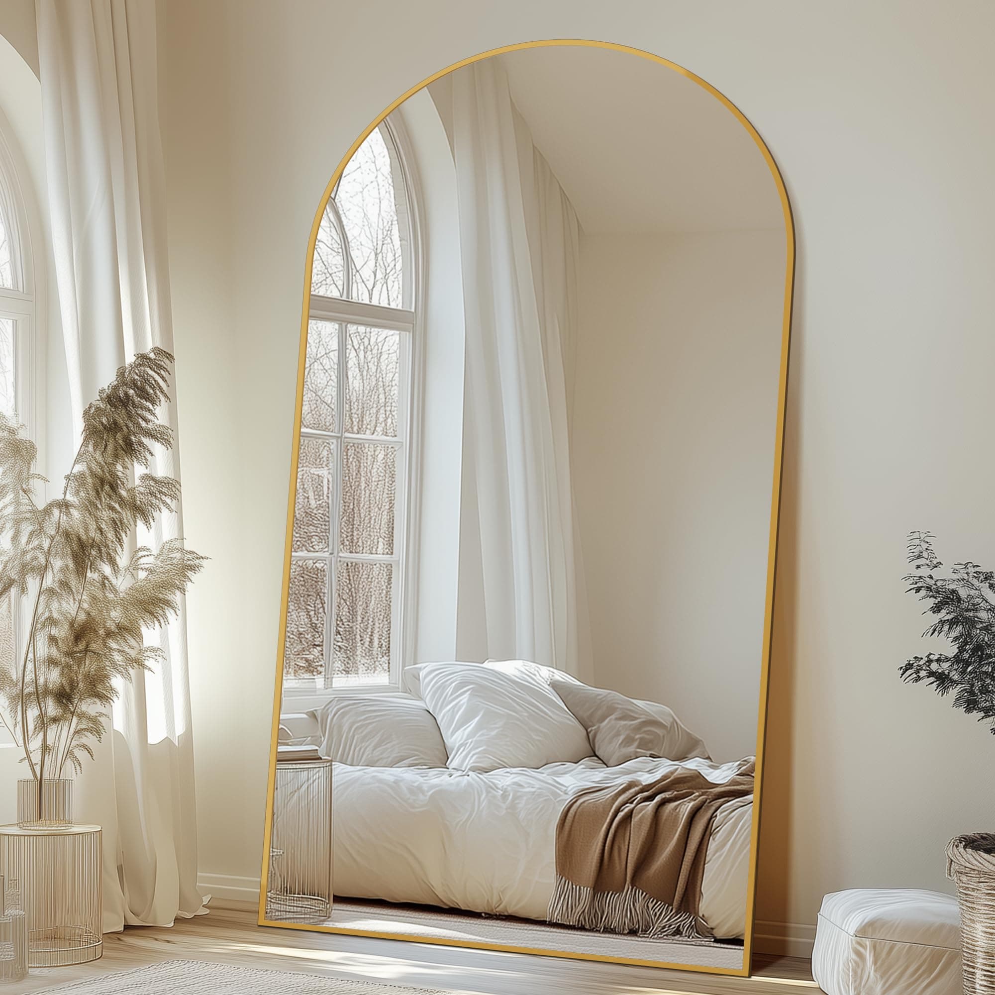 Antok Full Length Mirror, 44"x88" Oversized Floor Mirror with Stand for Bedroom, Living Room Cloakroom, Gold, Arch Style