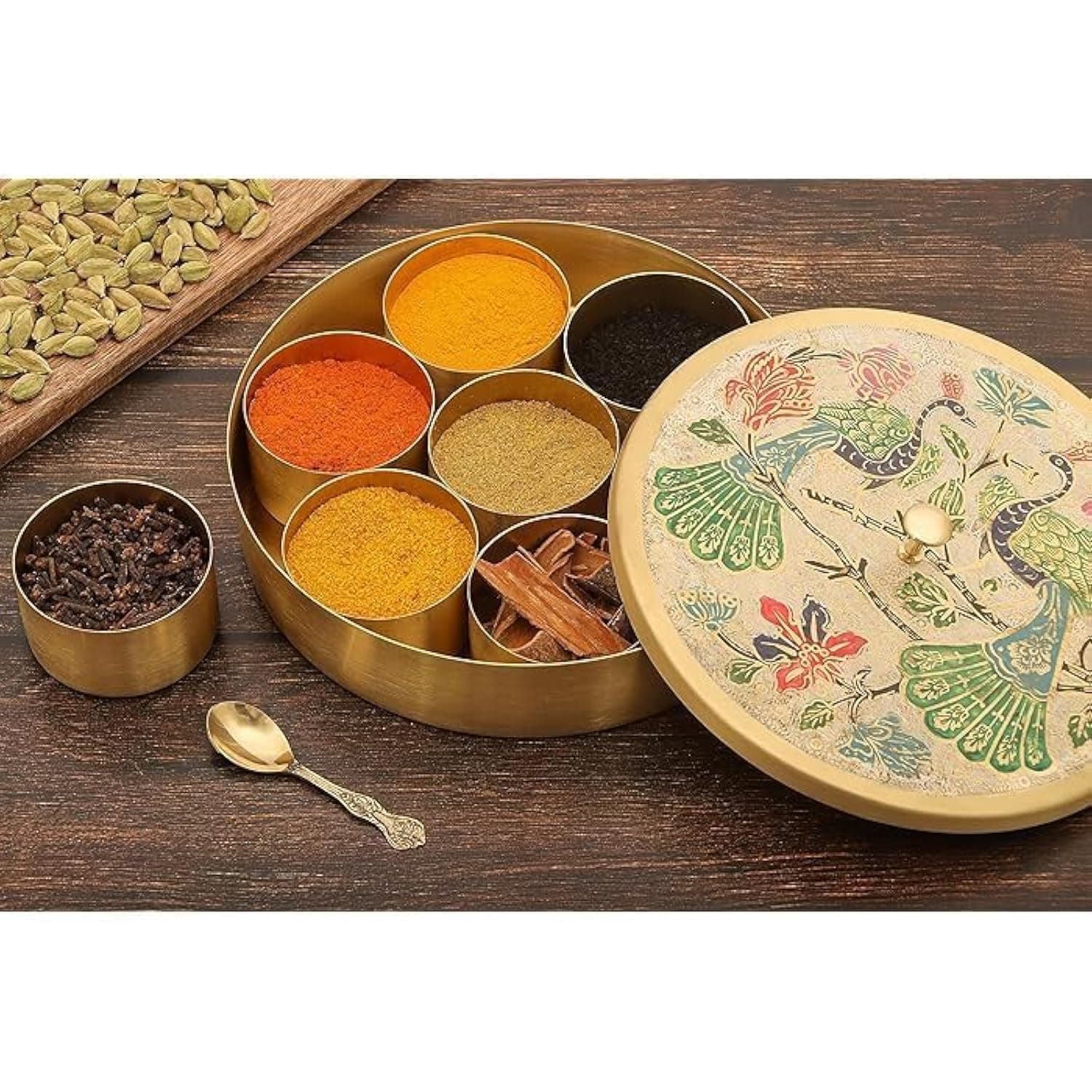Acewood Brass Spice Box Brass Masala Box For Kitchen Masala Dani Masala Container Masala Dabba Masaldani Namak Dani with peacock design With Spoon