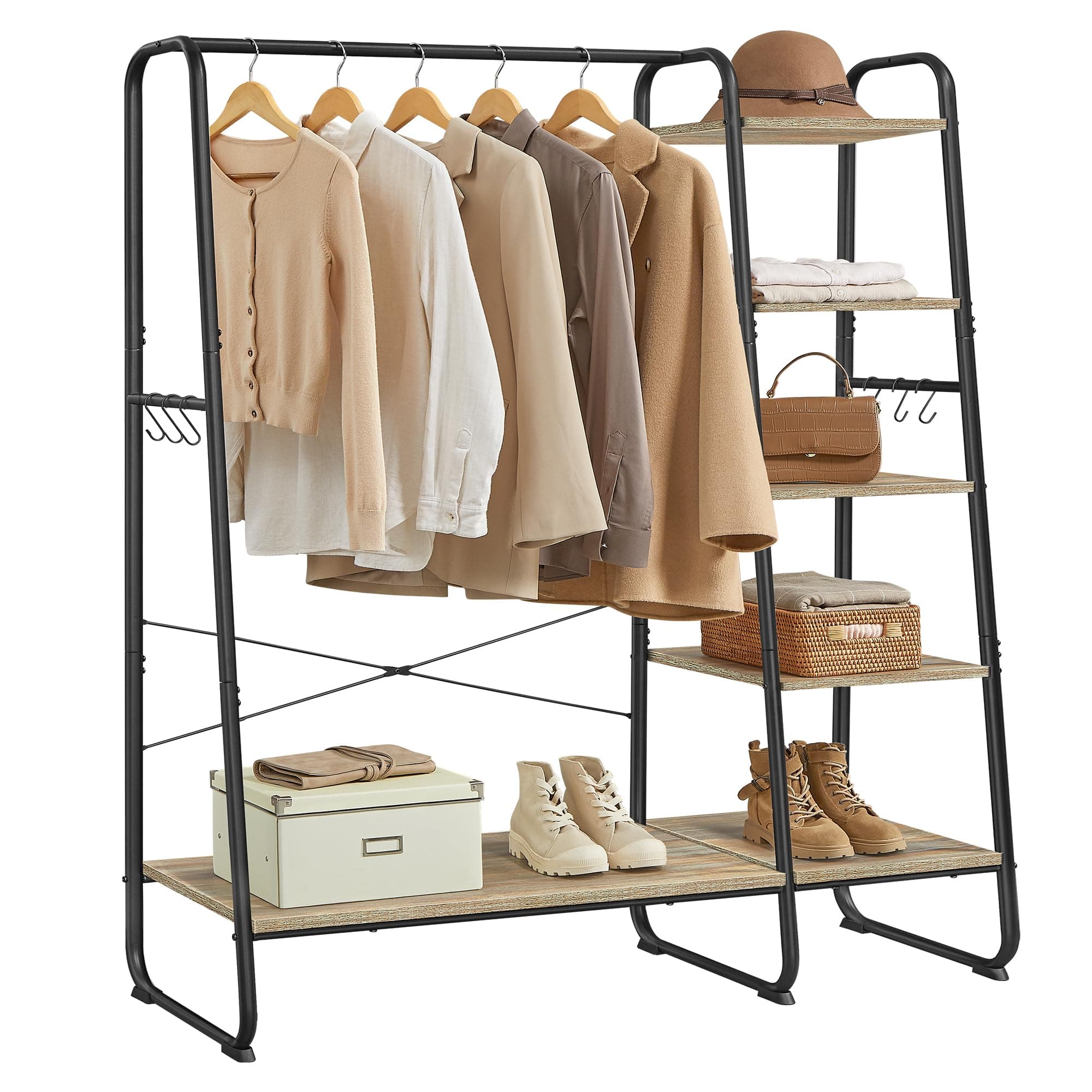 VASAGLE Clothes Rail, Clothes Rack with Shoe Shelf, 5-Tier Storage Rack, 6 Side Hooks, for Bedroom, Living Room, Turquoise Brown and Matte Black RGR116K01