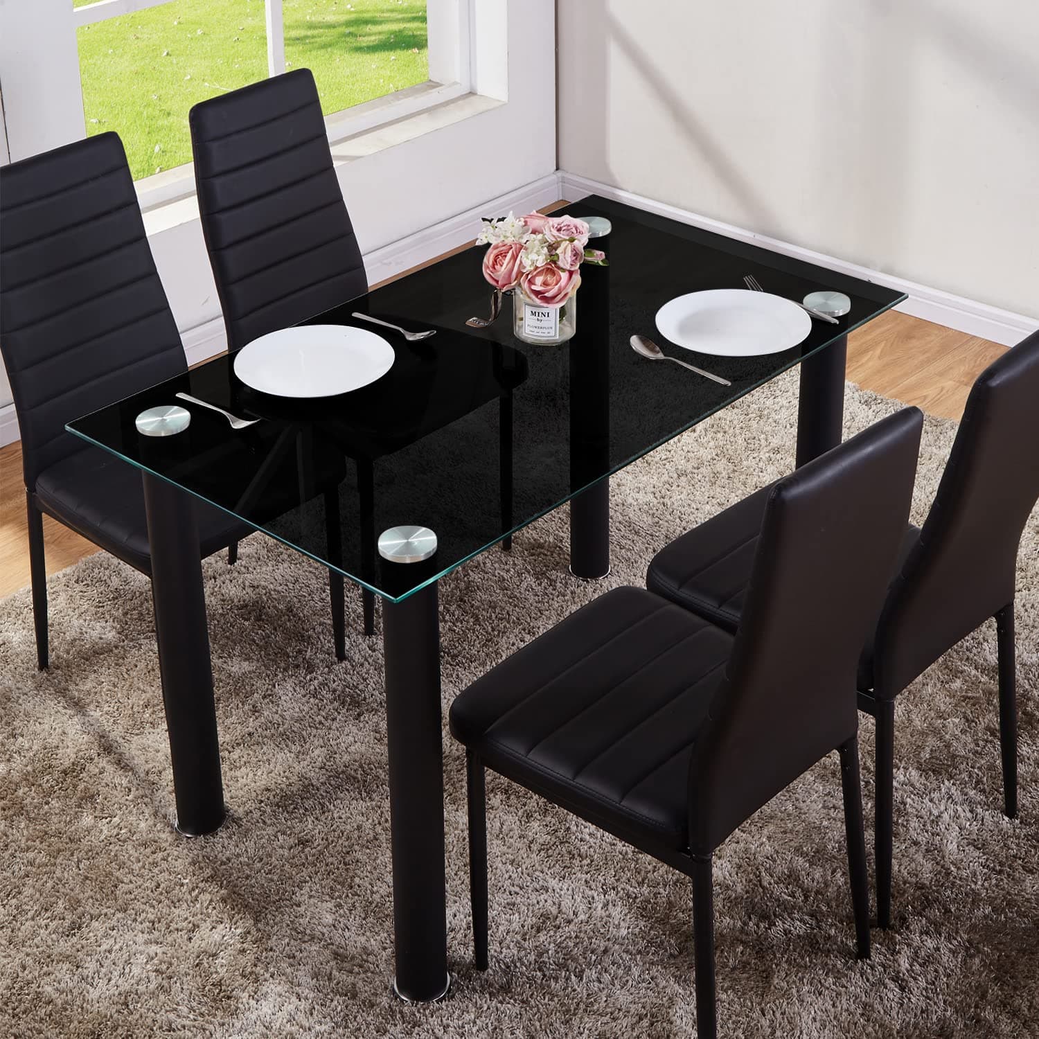 GOLDFAN Black Glass Dining Table Modern Rectangle Kitchen Dining Table with Metal Legs for Dining Room Lounge Office (Only Table) [Energy Class A++]