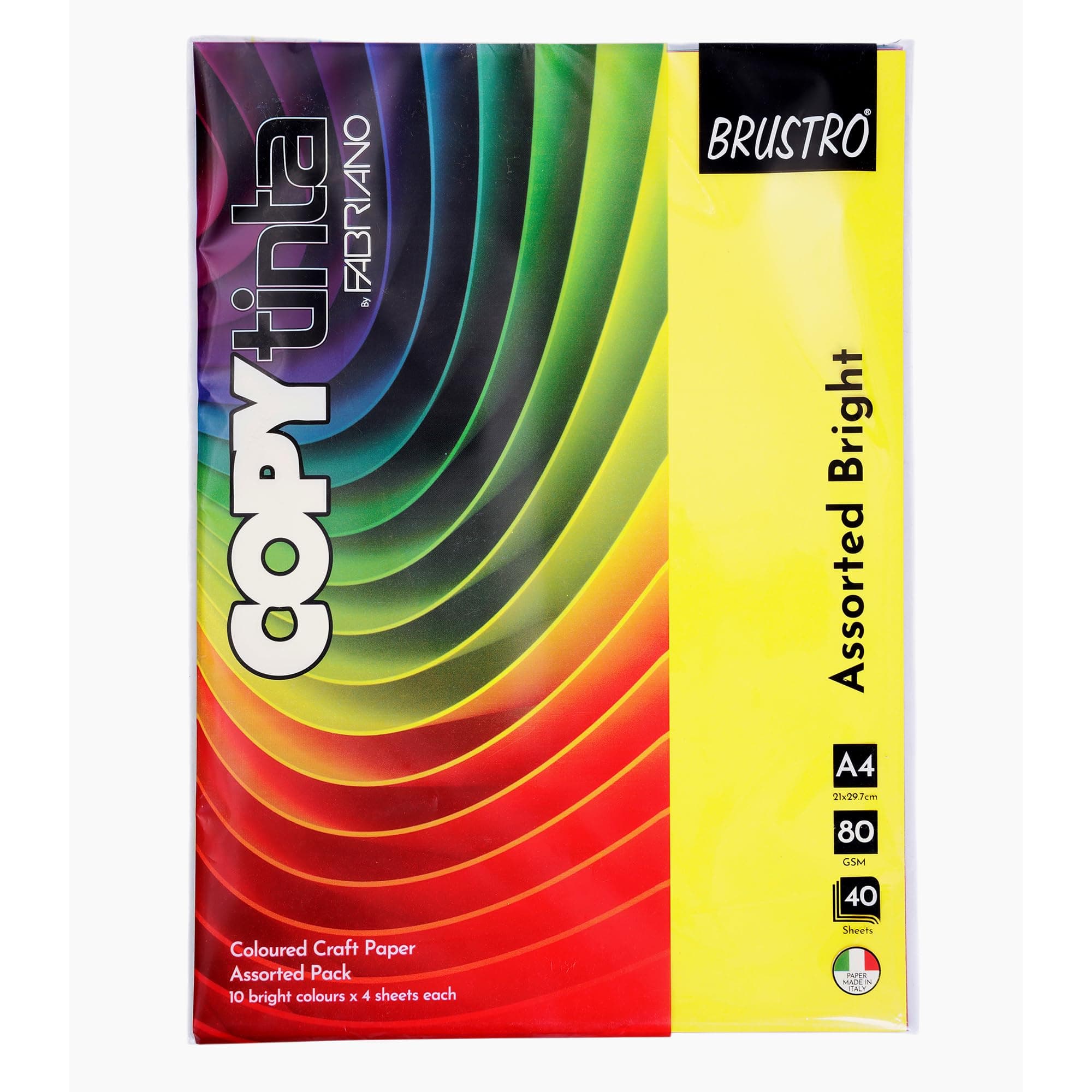 BRUSTRO Copytinta Mixed Bright Colour Craft Paper| A4 Size | 80 GSM | Pack of 40 Sheets (10 colors x 4 sheets)|Double Side Colored, Ideal for Origami, Scrapbooking, Making Card, DIY Art & Craft.