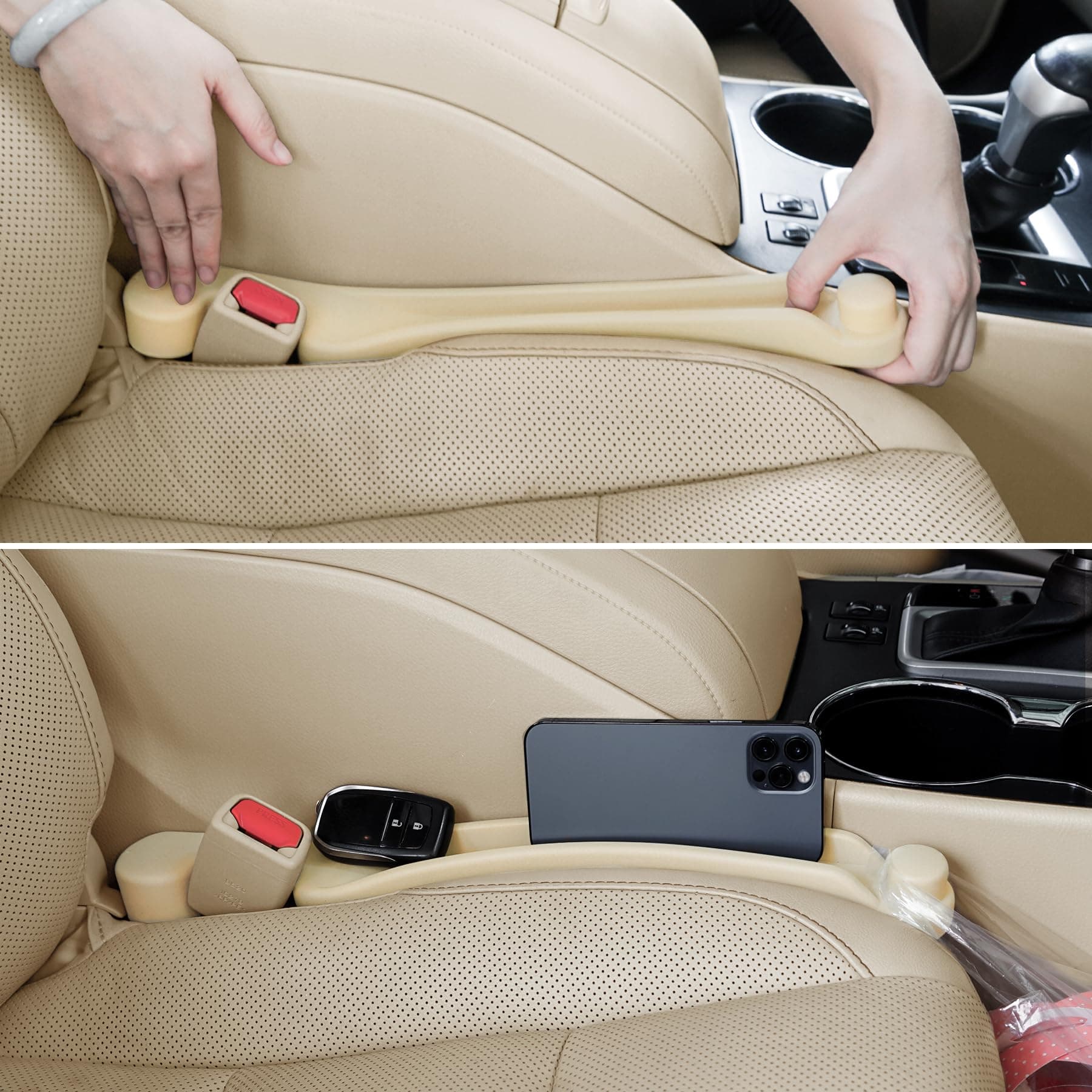 Car Seat Gap Filler 2 Pack Soft Foam Multifunctional Seat Side Gap Filler with Organizer & Hook Function, 3in1 Gap Stopper Universal Fit Car SUV Truck Fill The Gap Between Seat & Console (Warm Beige)