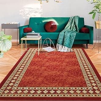 Alfombras Modern Bordered 8x10 Non-Skid (Non-Slip) Low Profile Pile Rubber Backing Indoor Area Rugs (Maroon Beige, 7'10" x 10')