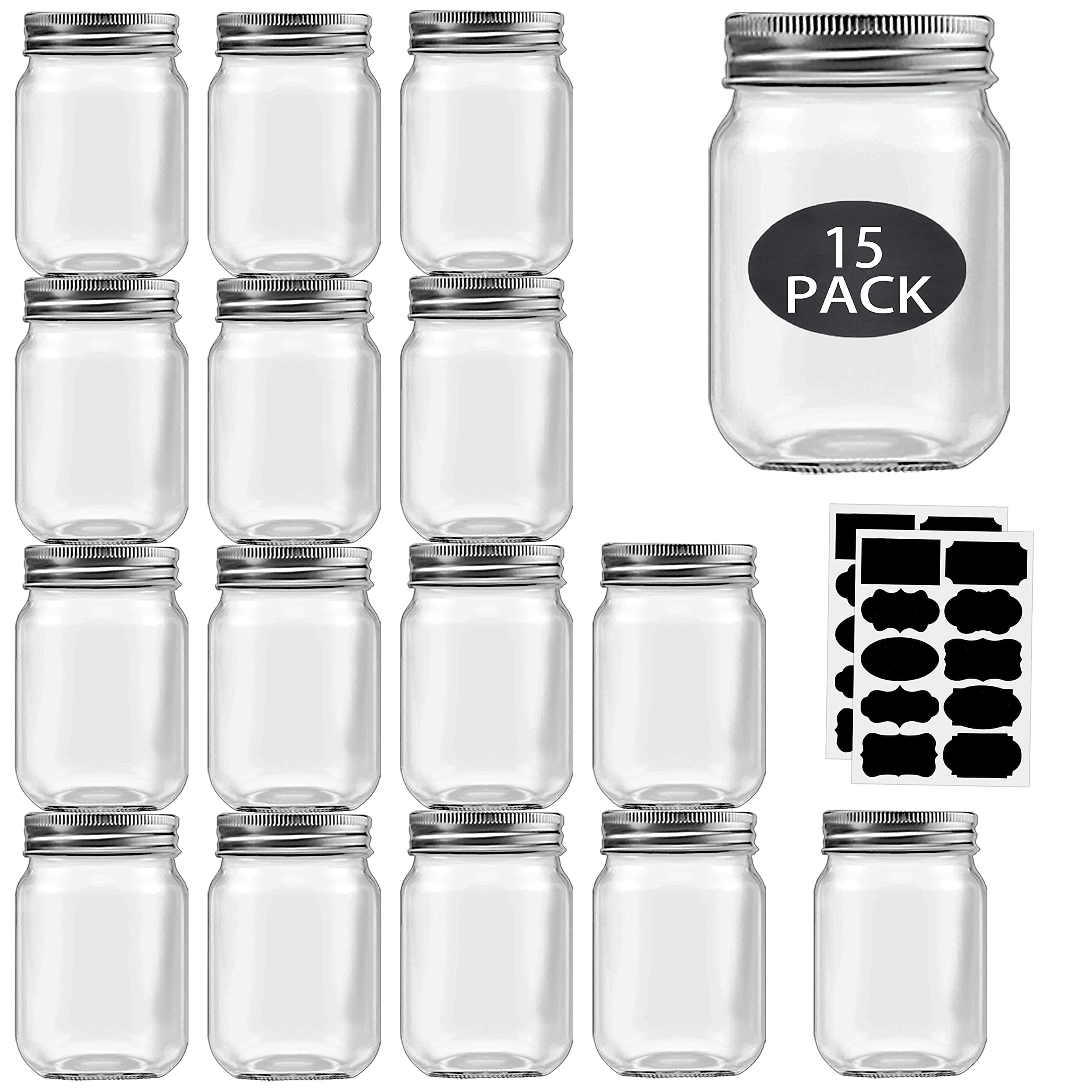 Rainforce 16 oz Mason Jars With Lids Regular Mouth 15 Pack-16oz Glass Jars with Silver Lids,Bulk Pint Clear Glass Jars For Meal Prep, Food Storage With 20 Labels