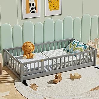 i-POOK Twin Floor Bed for Children, Sturdy Wood Montessori Bed Frame with Wood Slats, Fence & Door, Montessori Floor Bed for Girls and Boys, Gray (with Bed Slats)