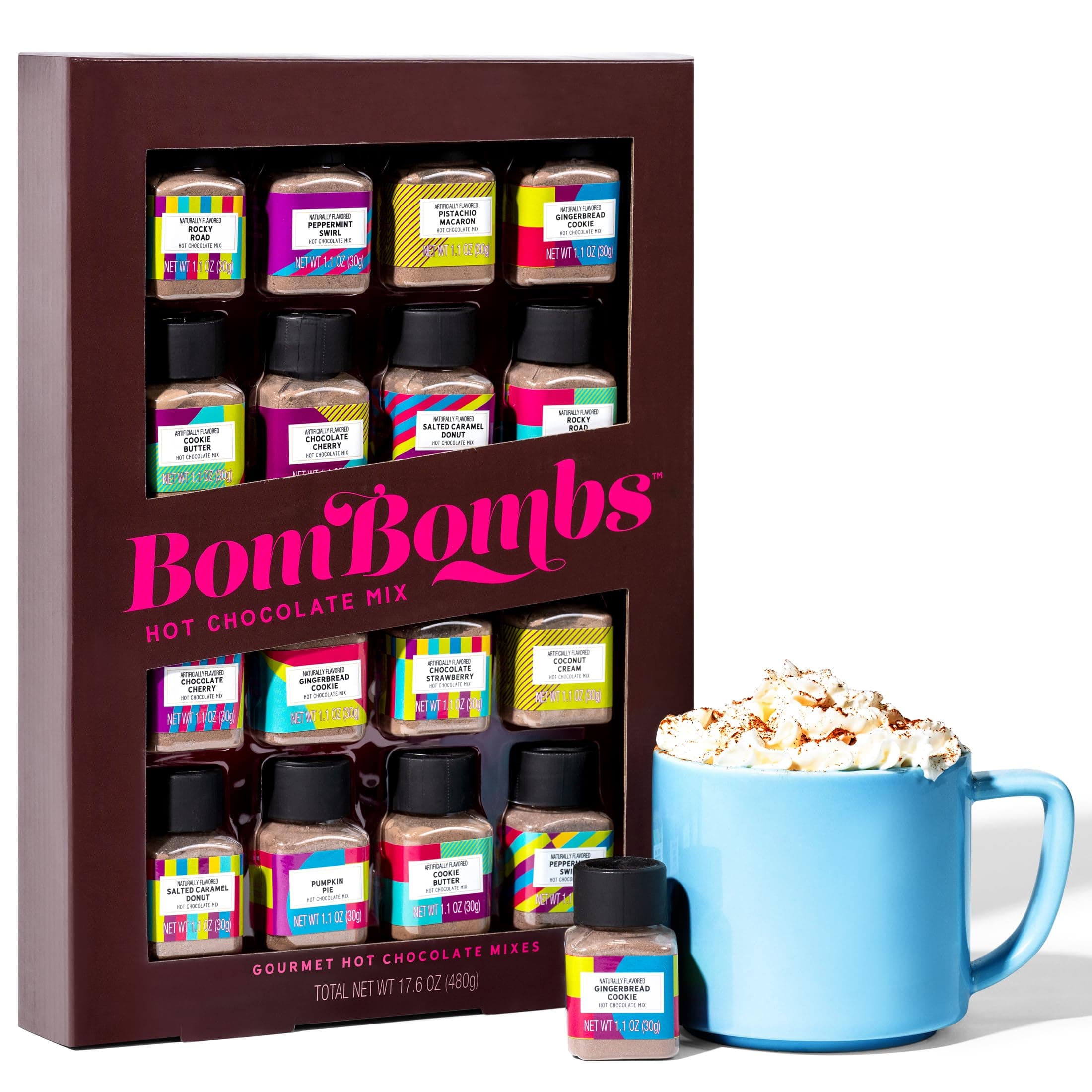 Bombombs, Hot Chocolate Mix Gift Set, Hot Chocolate Mini Bottle Variety Pack, Flavors Include Toasted Marshmallow, Pumpkin Pie, S'mores, Peppermint, Salted Caramel and More, Sampler Set of 16