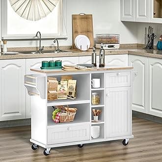 LUMISOL Kitchen Island Cart with Microwave Storage and Wood Top, Rolling Mobile Kitchen Cart on Wheels with Cabinet for Kitchen Room, White+Natural