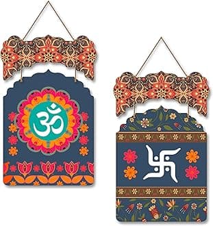 Artvibes Asupicious Symbols OM and Swastik Wooden Wall Hanger for Home Decoration | Spiritual Decor Item | Wall Sculpture | Signs & Plaques| Stylish Modern Decor Item | Gift Items (WH_9208N), Set of 2