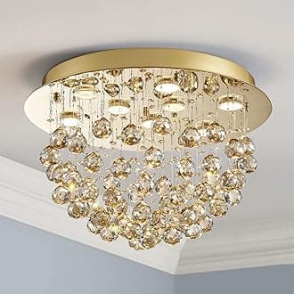 Saint Mossi 22006 6-Lights Modern K9 Crystal Chandelier Light Fixture,Flush Mount Ceiling Light， Perfect for Bedroom, Dining Room, Living Room, H13 x D20, Champagne Crystal & Gold Canopy