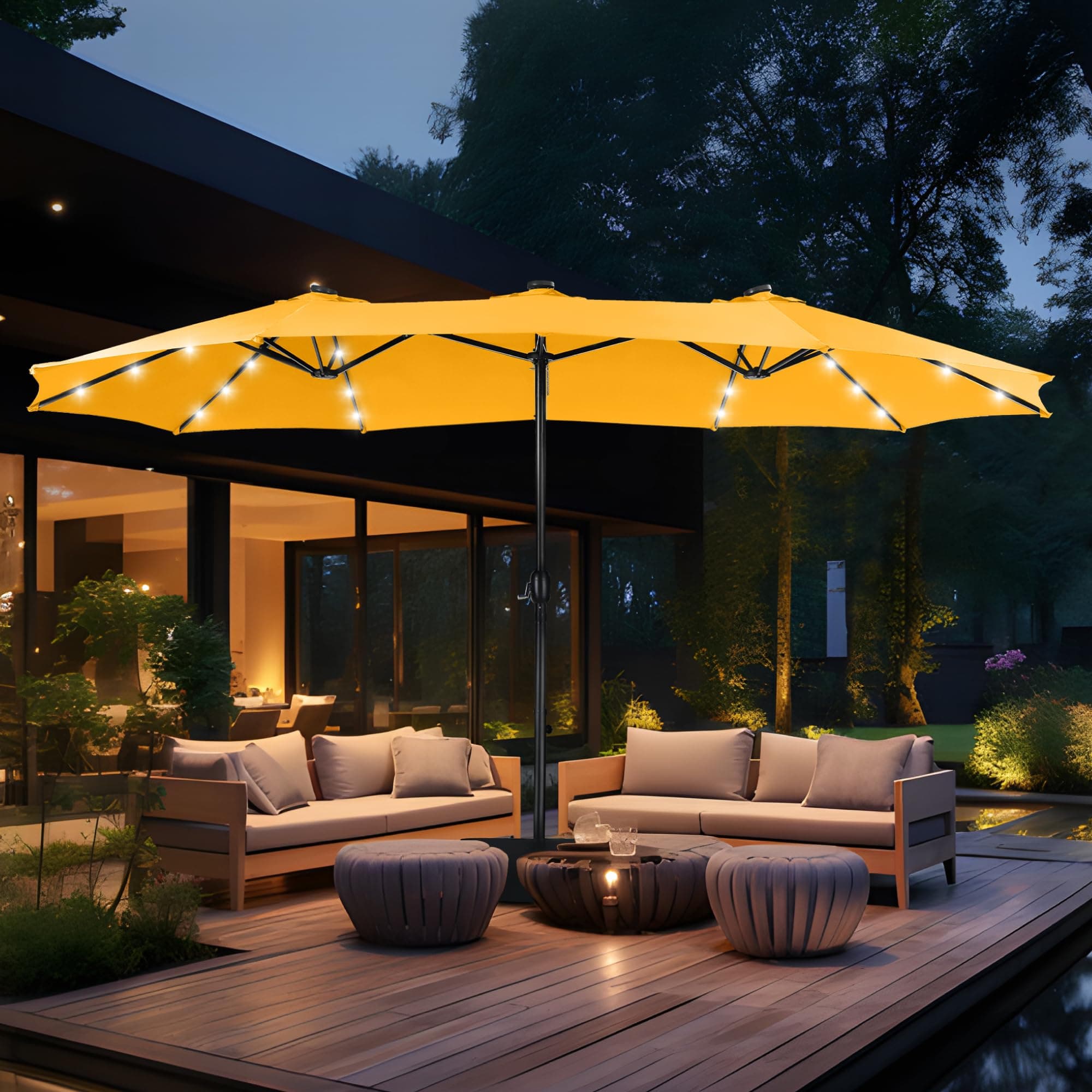 MFSTUDIO 15ft Double Sided Patio Umbrella with Solar Lights, Outdoor Large Umbrellas with Crank Handle and 36 LED Lights, Rectangular Market Umbrella with Base Included for Deck Pool, Gold Yellow
