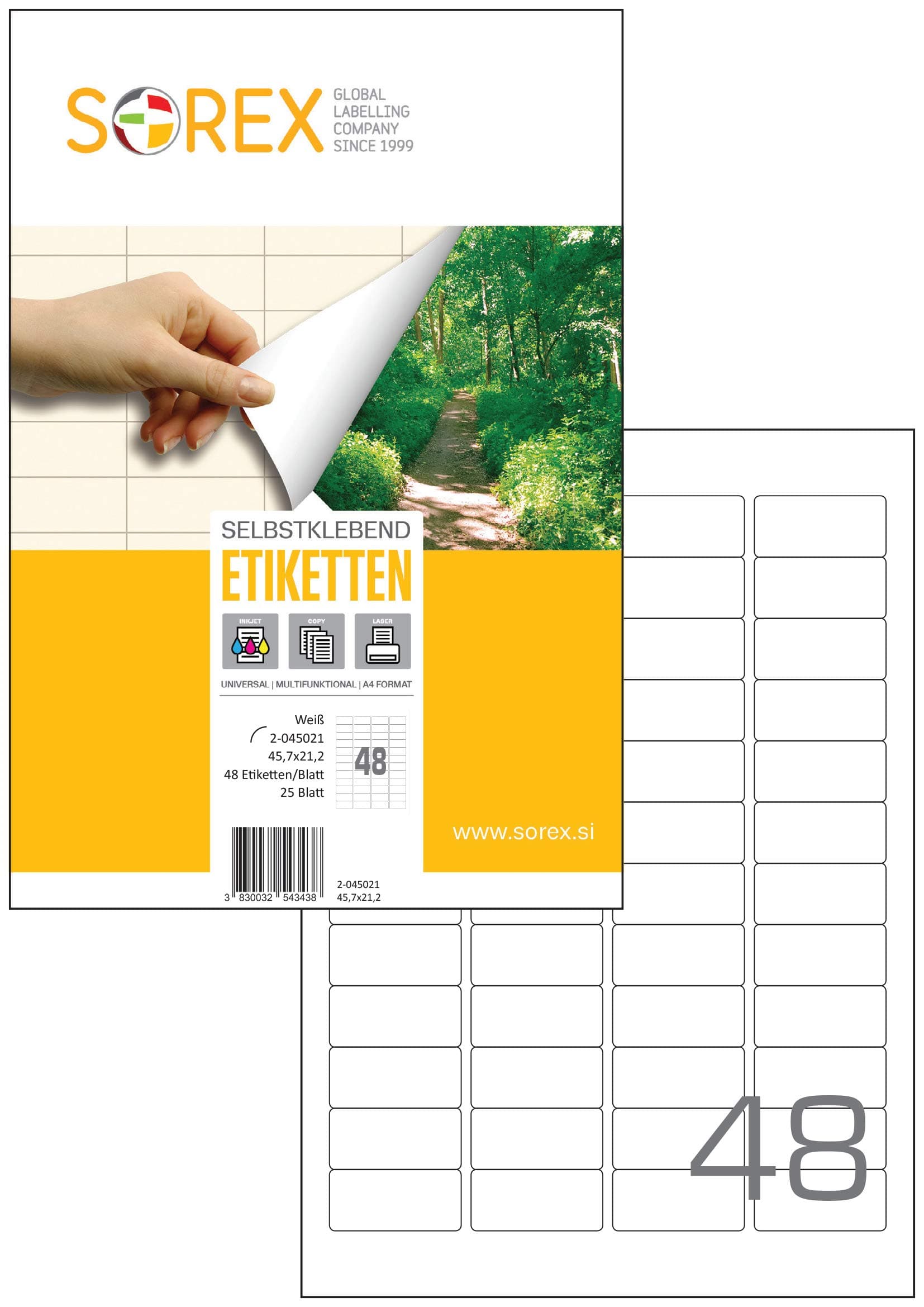 SOREX 2-045021 Universal Self-Adhesive Labels White for All Printers 25 Sheets DIN A4 Premium Stickers, Strong Adhesive, Barcode, Address Labels 45.7 x 21.2 mm 48 Labels per Sheet
