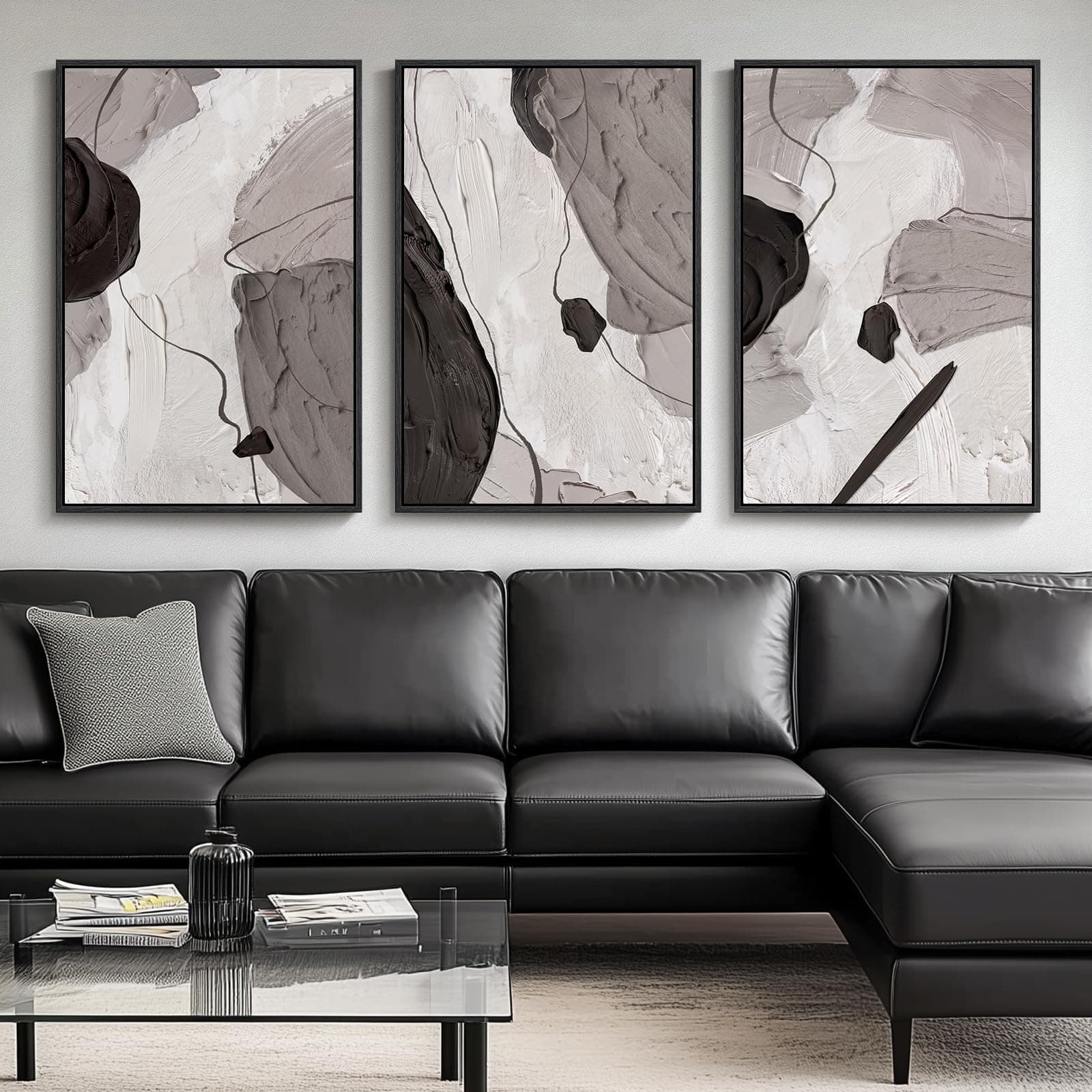 Large Framed Black and White Grey Abstract Wall Art for Living Room, 3 Piece Modern Canvas Prints Paintings Artwork for Walls, Minimalist Abstract Pictures for Hallway, Office Wall Decor 24x36 Inch