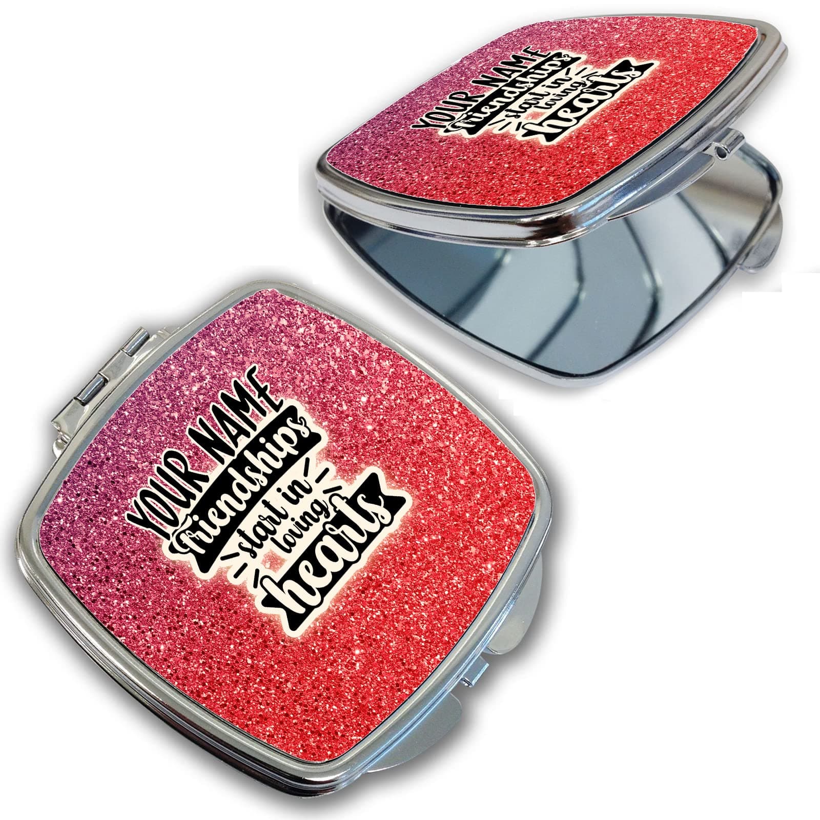 Bleu Reign Compact Personalized Pocket Mirror Custom Name Pink Shimmer Friendships Start in Loving Hearts