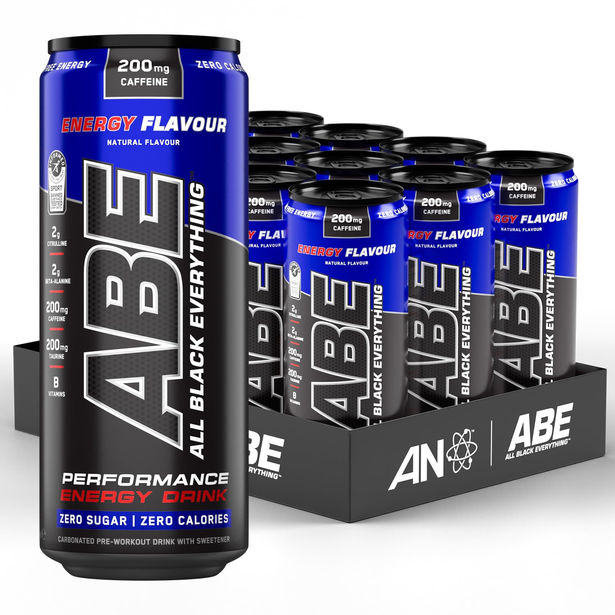 Applied Nutrition ABE Pre Workout Cans - All Black Everything Energy + Performance Drink, ABE Carbonated Beverage Sugar Free with Caffeine (Pack of 12 Cans x 330ml) (Energy Flavour)