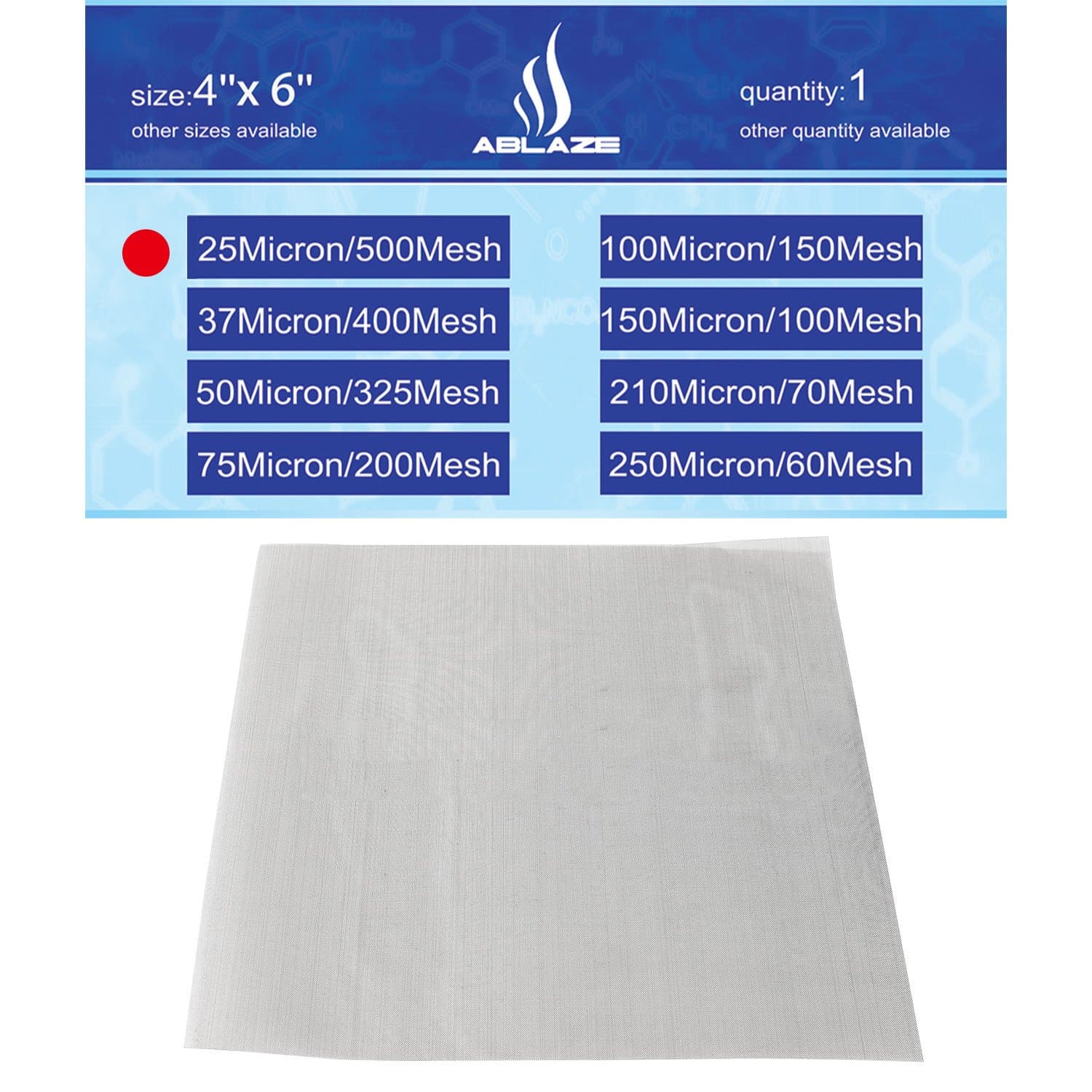 AblazeMesh 25 Micron 500 Mesh Screen Stainless T-316 Surgical Grade Filter Material Particulate Capture Extracts Home Brewing Aquariums Biofuel (4''X6'')