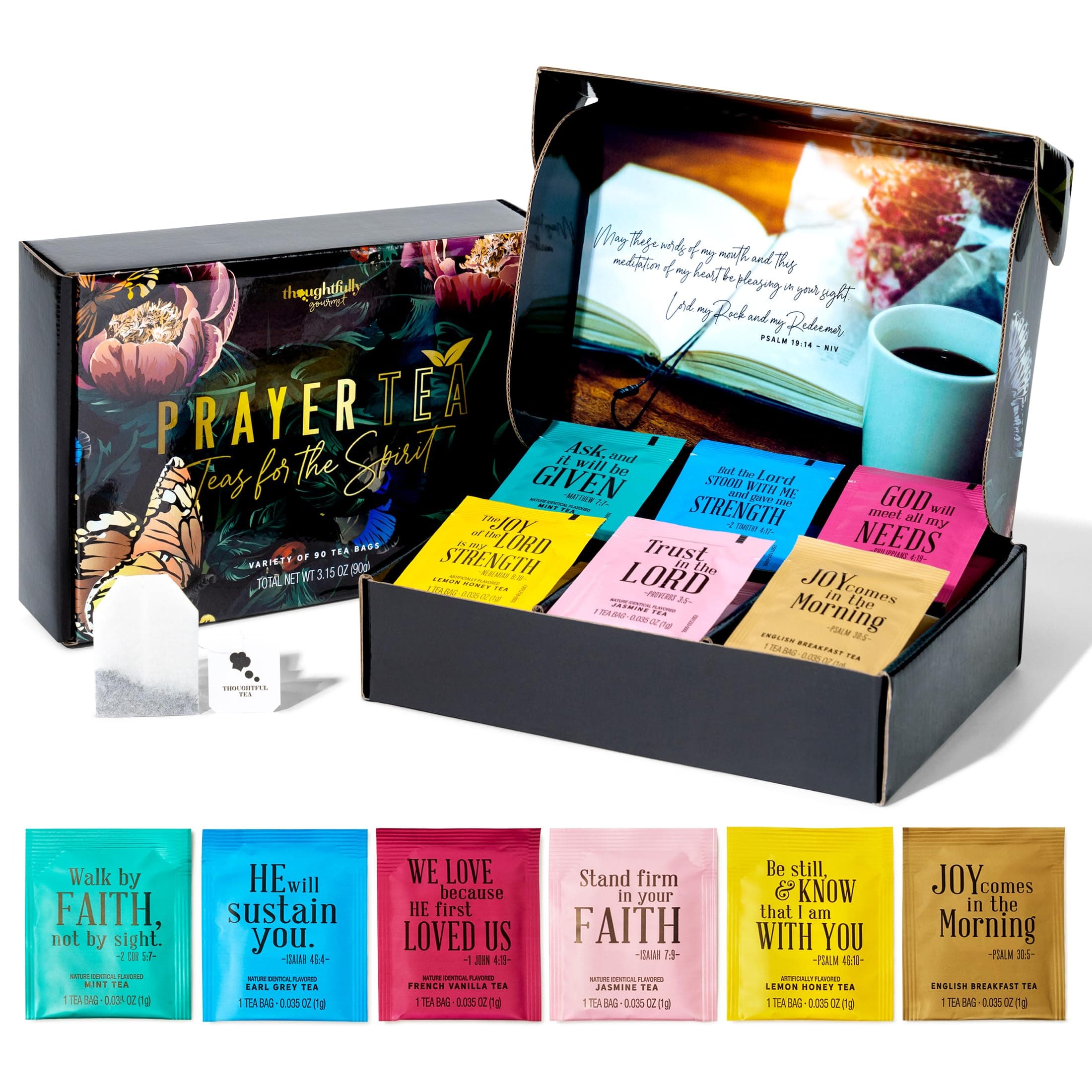 Thoughtfully Gourmet, Tea Affirmations Christian Prayer Gift Set, Includes 6 Flavors of Tea with Bible Verses from Psalms and Other Books to Rejoice, Pack of 90