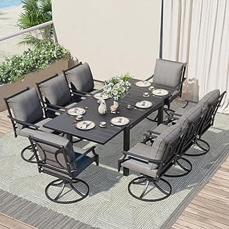 Grand patio 9-Piece Patio Dining Set for 8, E-Coated Outdoor Dining Set Swivel Patio Dining Chairs with Olefin Cushions & 1 Black Extendable Rectangular Table for 6-8 Person