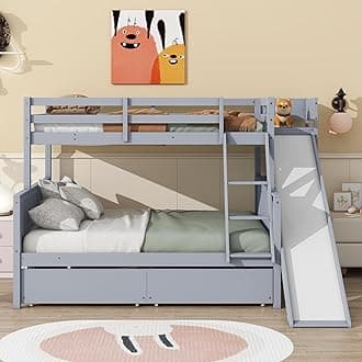 Twin Over Full Bunk Bed with 2 Slide Drawers, Solid Wood Detachable Bunk Bed with Ladder, Shelves and Safety Guardrail Can be Separated into 2 Beds for Kids Teens Adults (Grey-12RT)