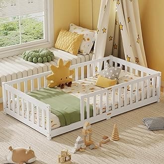 Twin Floor Bed with Safety Guardrails for Kids, Rubber Wood Montessori Bed with Slats, Twin Size Bed Frame for Girls and Boys,No Box Spring Needed,White