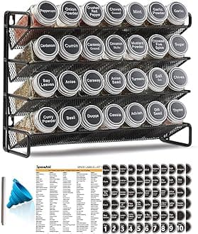 SpaceAid Spice Rack Organizer with 28 Spice Jars, 386 Spice Labels, Chalk Marker and Funnel Set for Cabinet, Countertop, Pantry, Cupboard or Door & Wall Mount - 28 Jars, 13.4" W × 10.8" H, Black