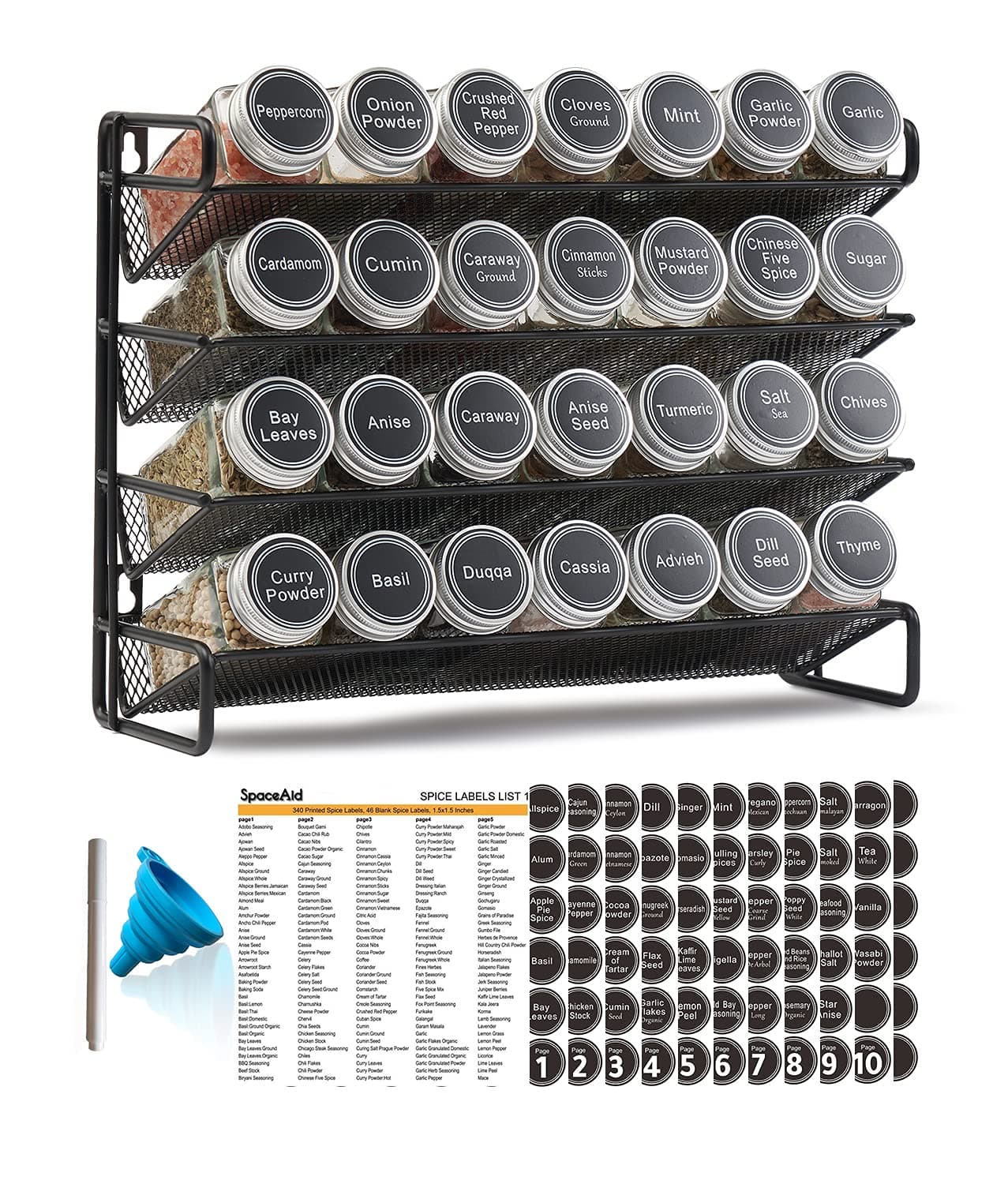 Spice Rack Organizer with 28 Spice Jars, 386 Spice Labels, Chalk Marker and Funnel Set for Cabinet, Countertop, Pantry, Cupboard or Door & Wall Mount - 28 Jars, 13.4" W × 10.8" H, Black