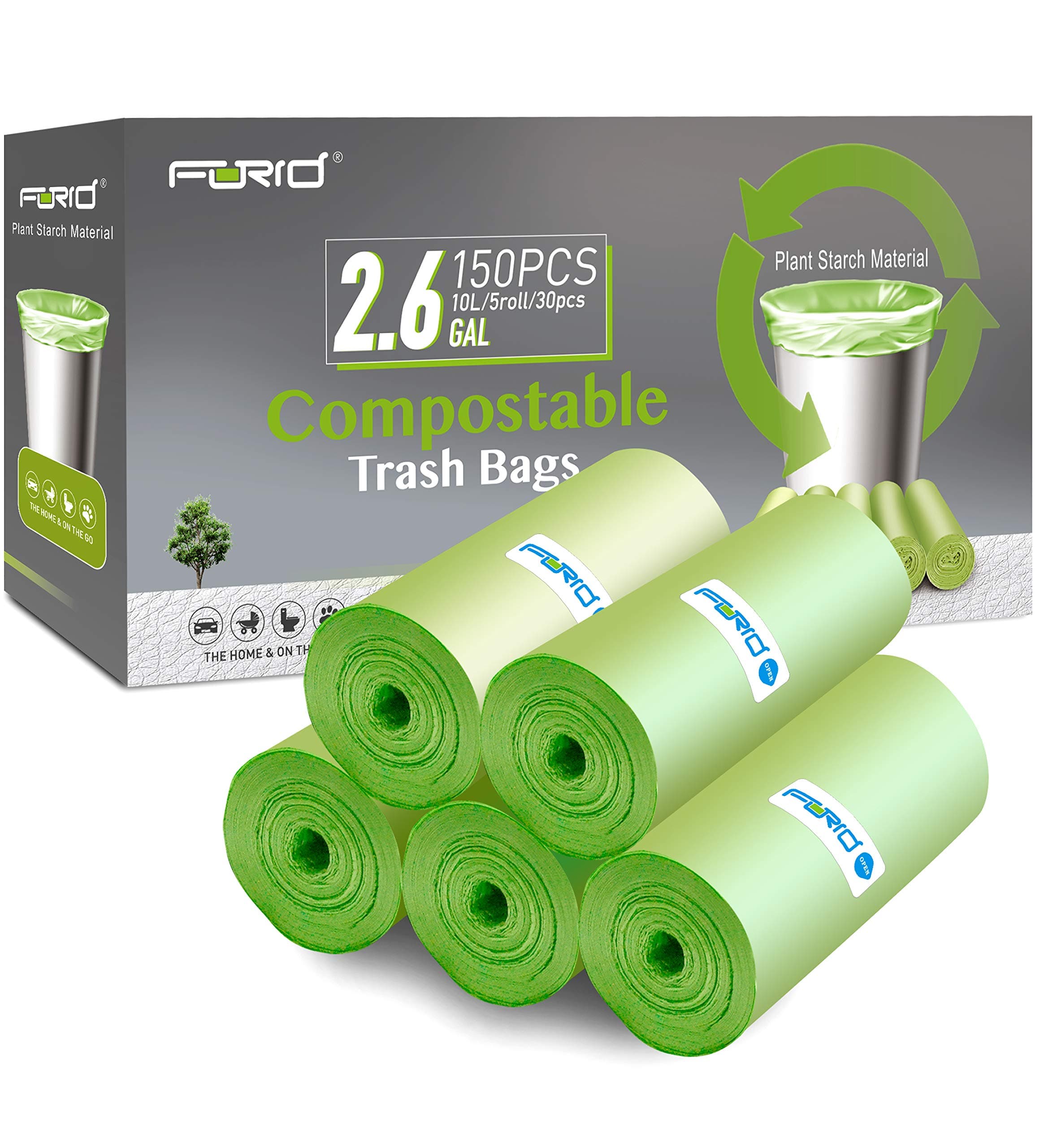 FORID Small Trash Bags - 2.6 Gallon Compostable Garbage Bags 150 Count Mini Strong Trash Can Liners 10 Liter Unscented Wastebasket Bags for Kitchen Bathroom Home Office (5Rolls/Green) - Durable &