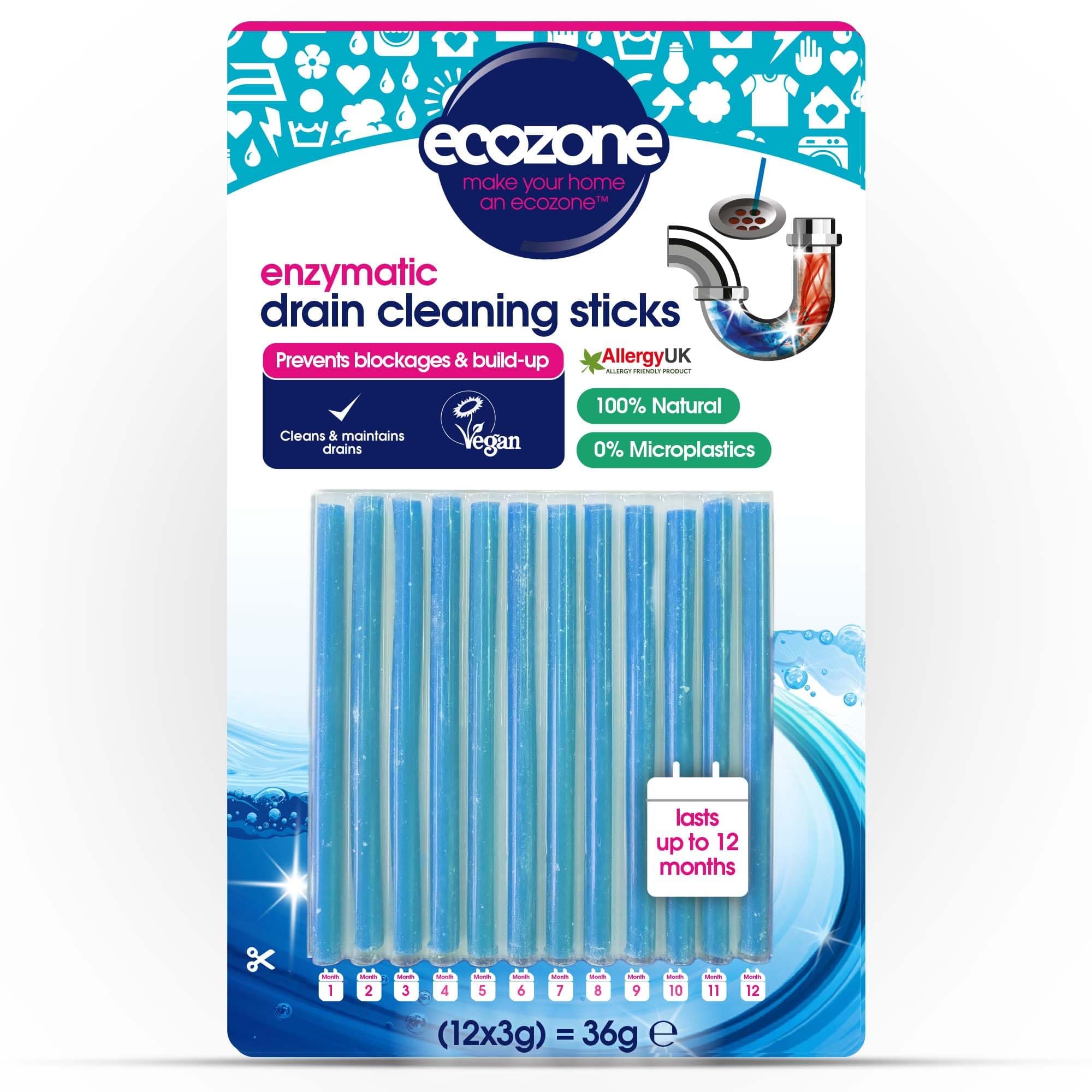 EcoZone Drain Cleaning Sticks, Enzymatic Pipe Unblocker, Prevents Plug Hole Obstructions & Keeps Water Flowing Freely, Natural Vegan & Non Toxic Kitchen & Bathroom Treatment Kit (x 12)