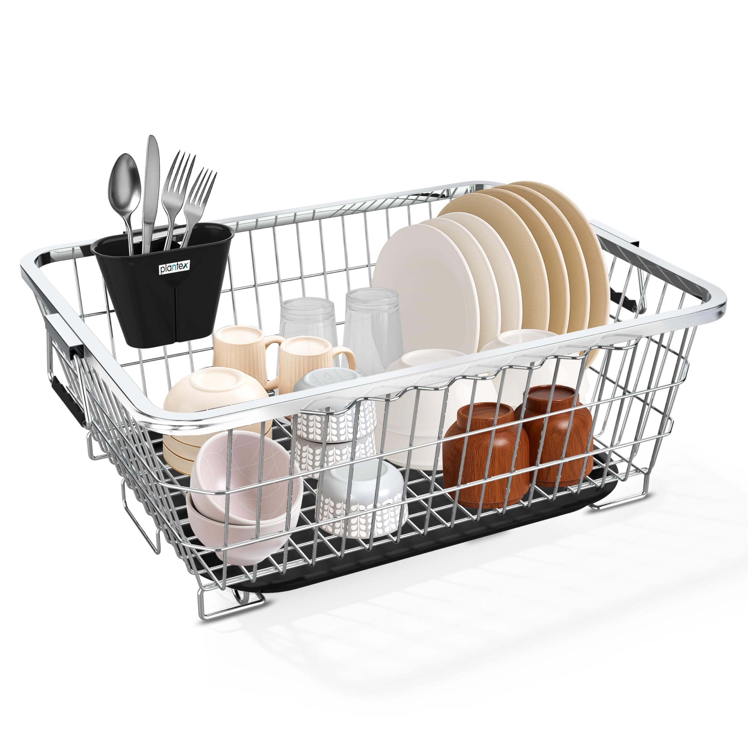 Stainless Steel Dish Drying Rack/Utensil Drying Rack for Kitchen/Dish Rack with Drainer Tray/Vessel Drainer Basket for Utensils/Bartan Basket Stand (Size- 58.5x44.5x23.5 CM - Chrome Finish)