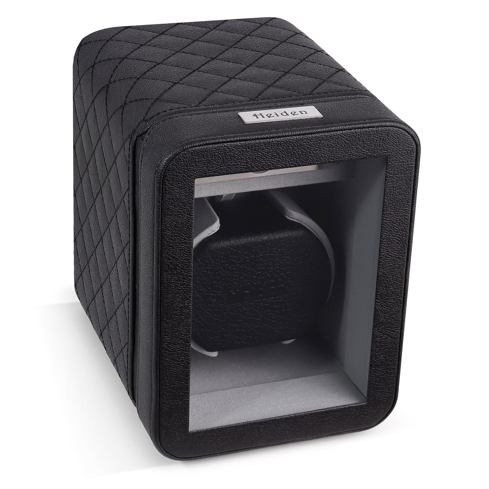 Heiden Monaco Watch Winder - Automatic Watch Winder for Automatic Watches, Rolex - Black Leather - Battery Powered or AC Adapter, 12 Program Settings, Diamond Stitched Vegan Leather