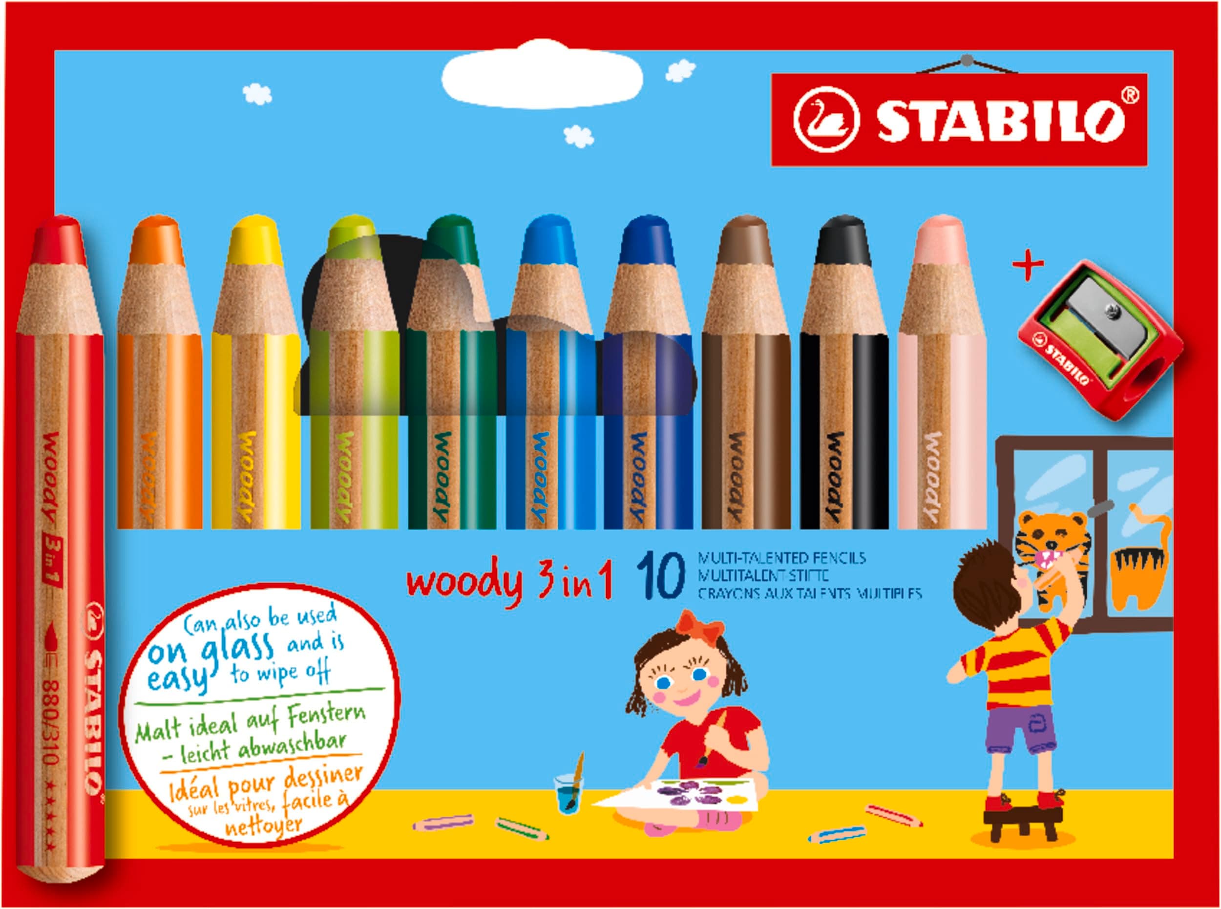 woody 3-in-1 - Multi-Talented Pencil - Pack of 10 - Assorted colors with Sharpener