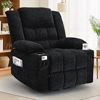 360° Swivel Rocker Recliner for Adults, Nursery Glider Recliner with Massage and Heating, Rocking Chair with Cup Holder, Manual Recliner Chair for Living Room, Bedroom (Fabric, Black)
