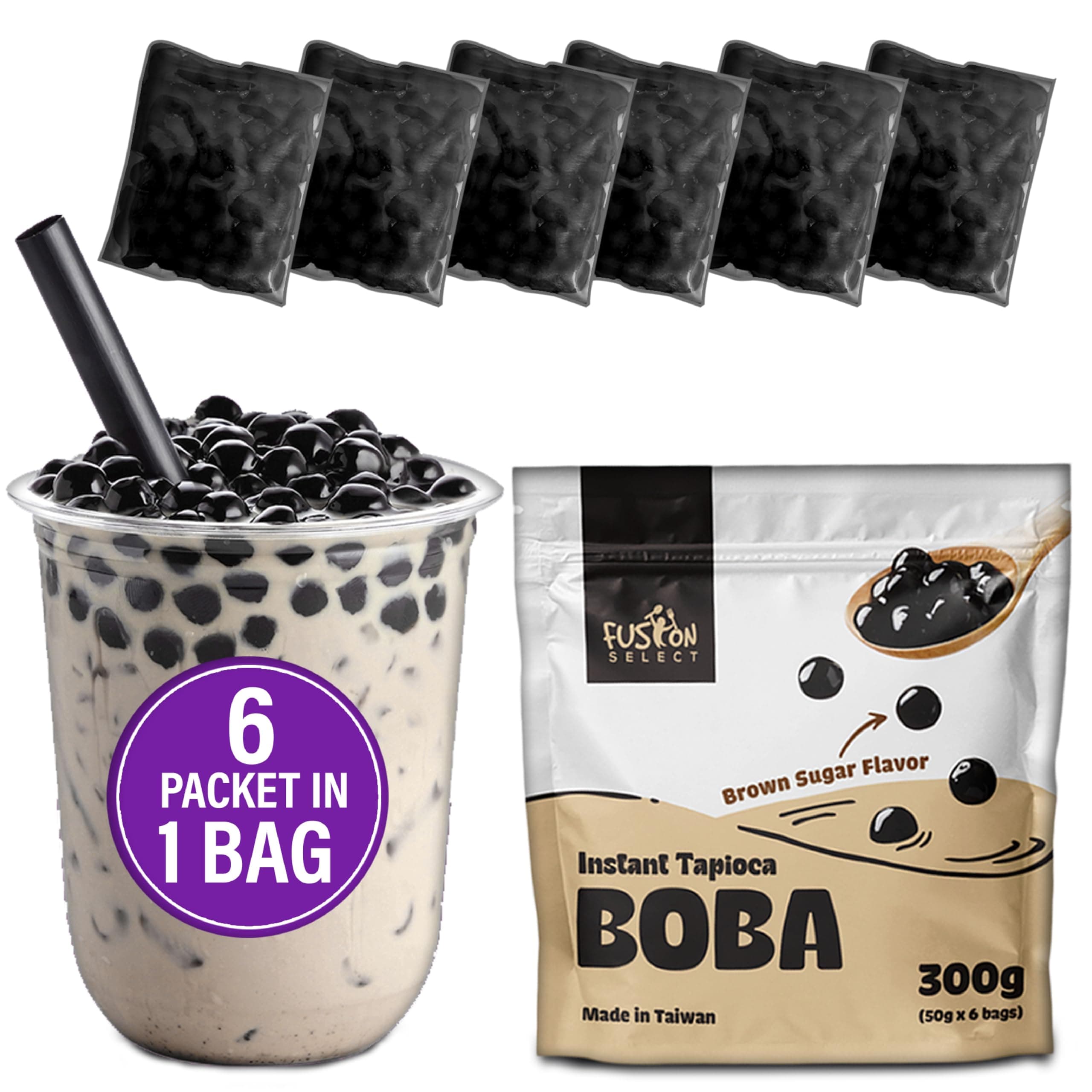 Instant Boba - No-Cook Instant Tapioca Pearls for Bubble Tea Drinks, Hot or Cold Sweet Milk Beverage - Microwave or Heat With Boiling Water - Real Brown Sugar Flavored Balls (6)