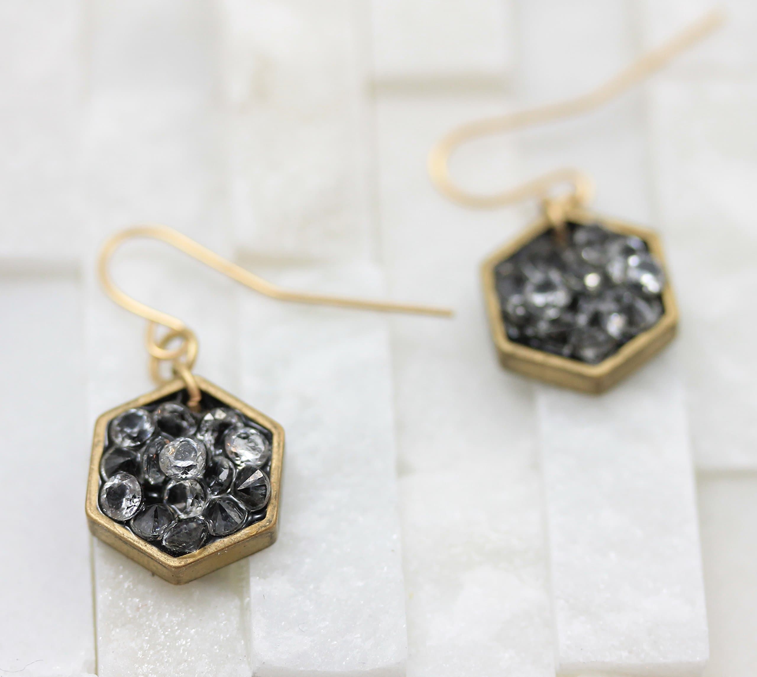 Small black Drop geometric Earrings hexagon gold
