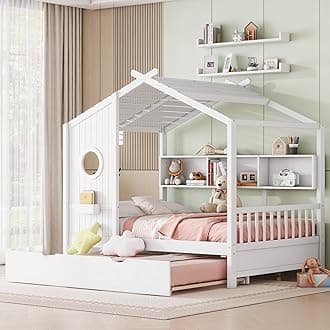 Linique Wooden Full Size House Bed with Trundle and Storage Shelf,Modern Design Full Platform Bed Frame with Pitched Roof,White