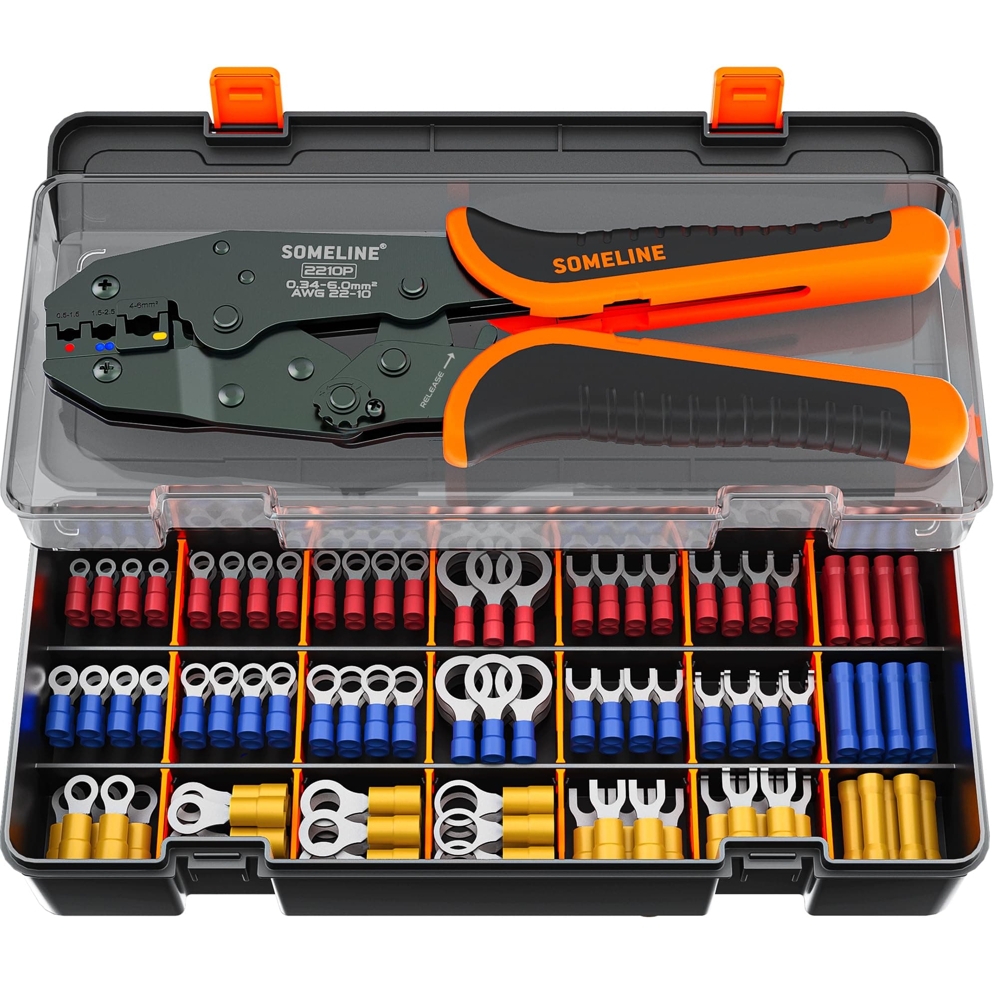 SOMELINE® Electrical Connectors Crimping Tool Kit, Ratchet Terminal Crimper 22-10 AWG, with 21 Sizes Ring Fork Butt Insulated Connectors