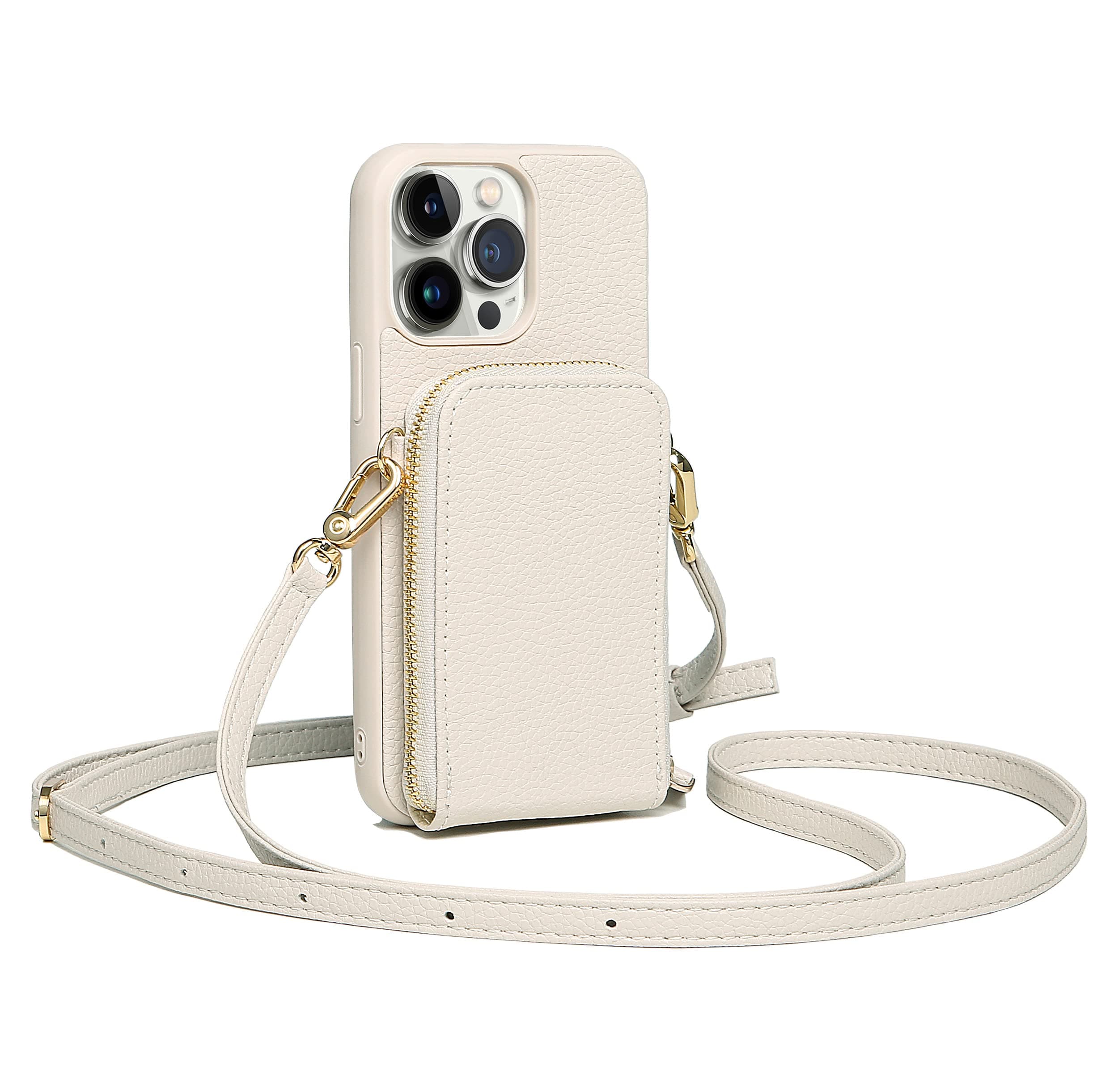 Anyos Crossbody Wallet Case for iPhone 14 Pro, [6 Card Slots] Leather Zipper Purse Phone Case with RFID Blocking Card Holder Wrist Strap Handbag Case Women for iPhone 14 Pro 6.1 inch-Beige