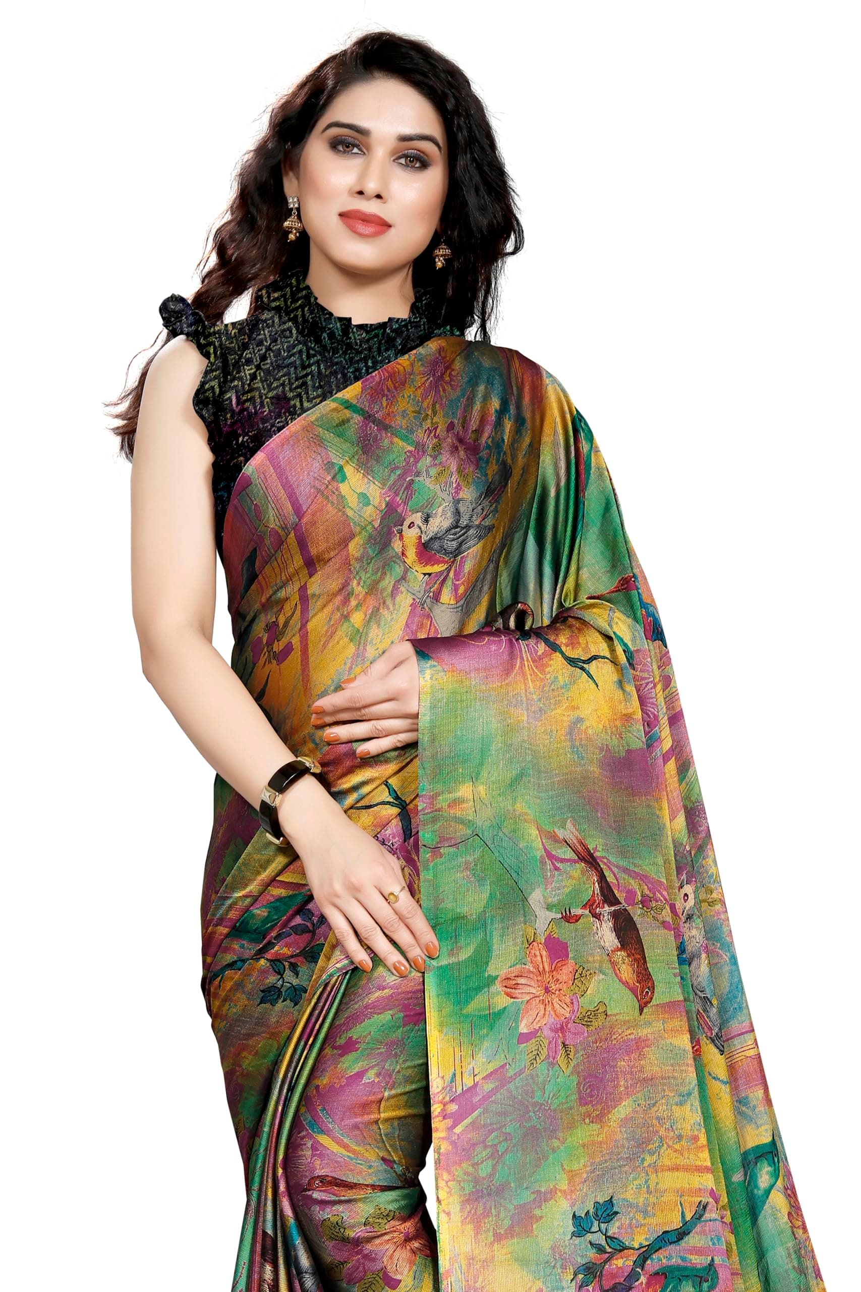 Women's Chiffon Forest Designer Printed Saree with Blouse Piece