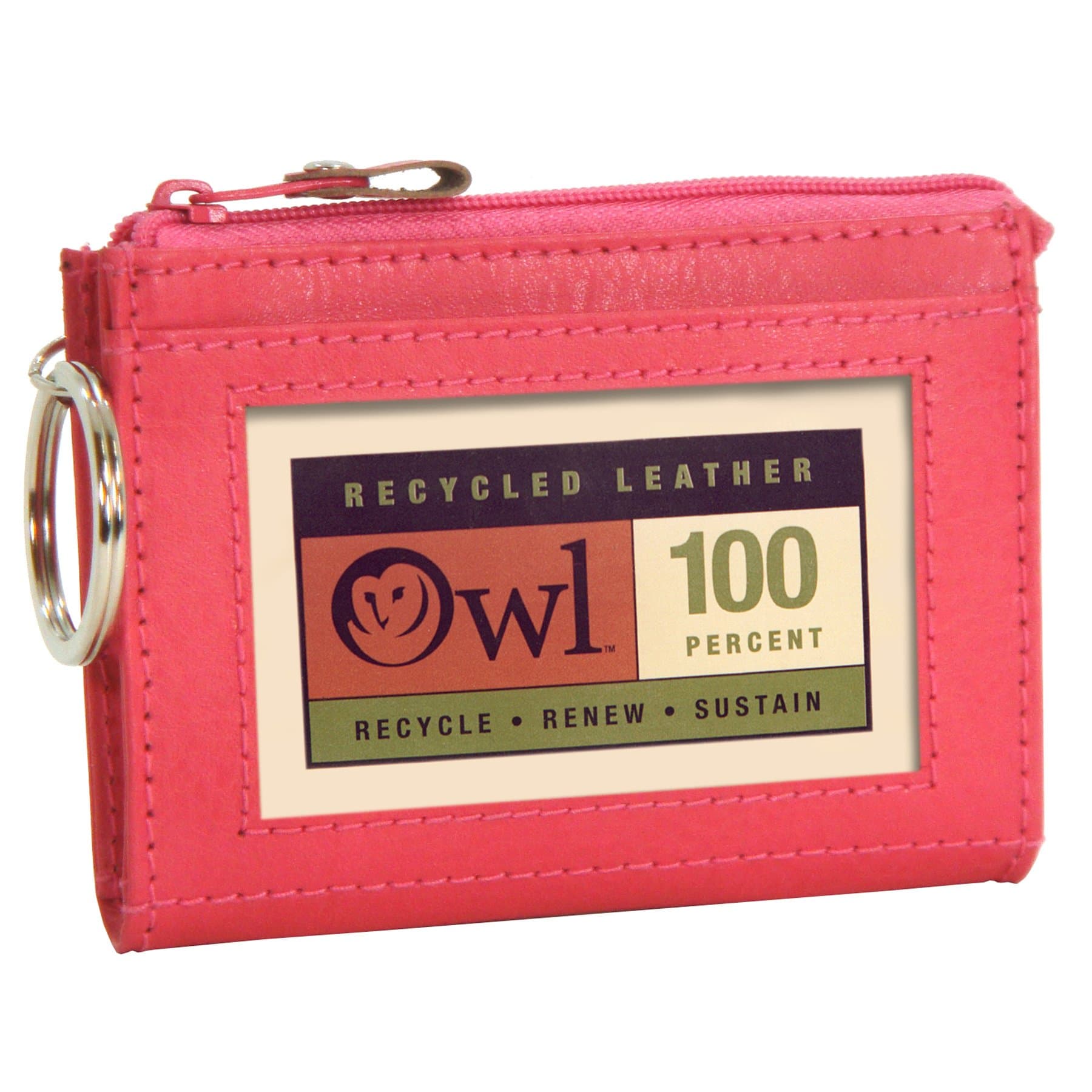 OWL Zip-top PINK Small Zip ID Card Holder Keychain Wallet with Zipper Mini Coin Purse